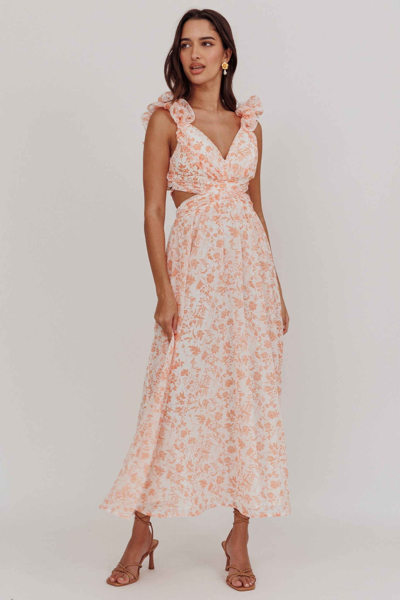 Madara Lace-Up Back Maxi Dress Flowers Orange