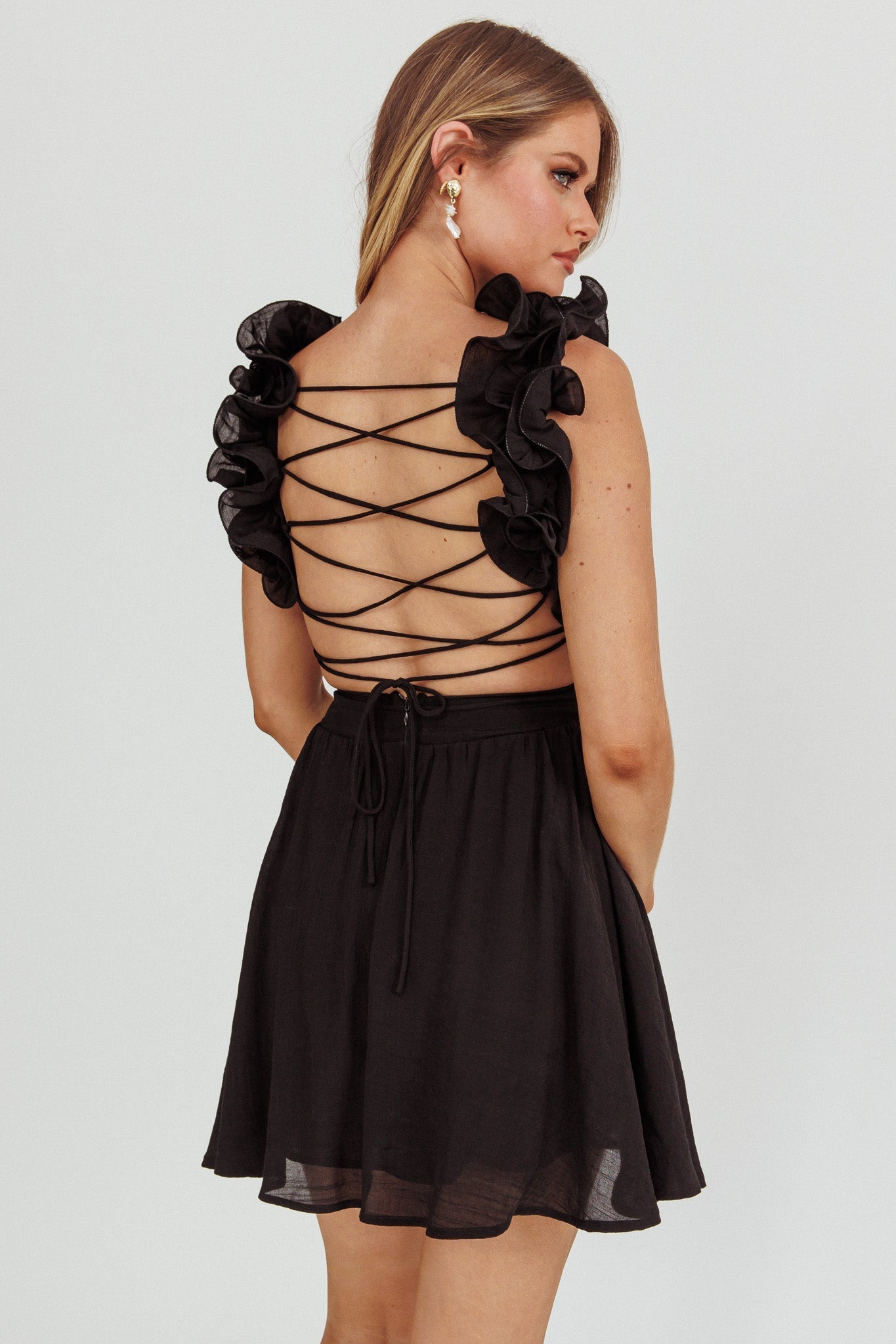 Madara Lace-Up Back Mini Dress Black