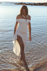 Cha Cha Off Shoulder Thigh Split Maxi Dress Off White