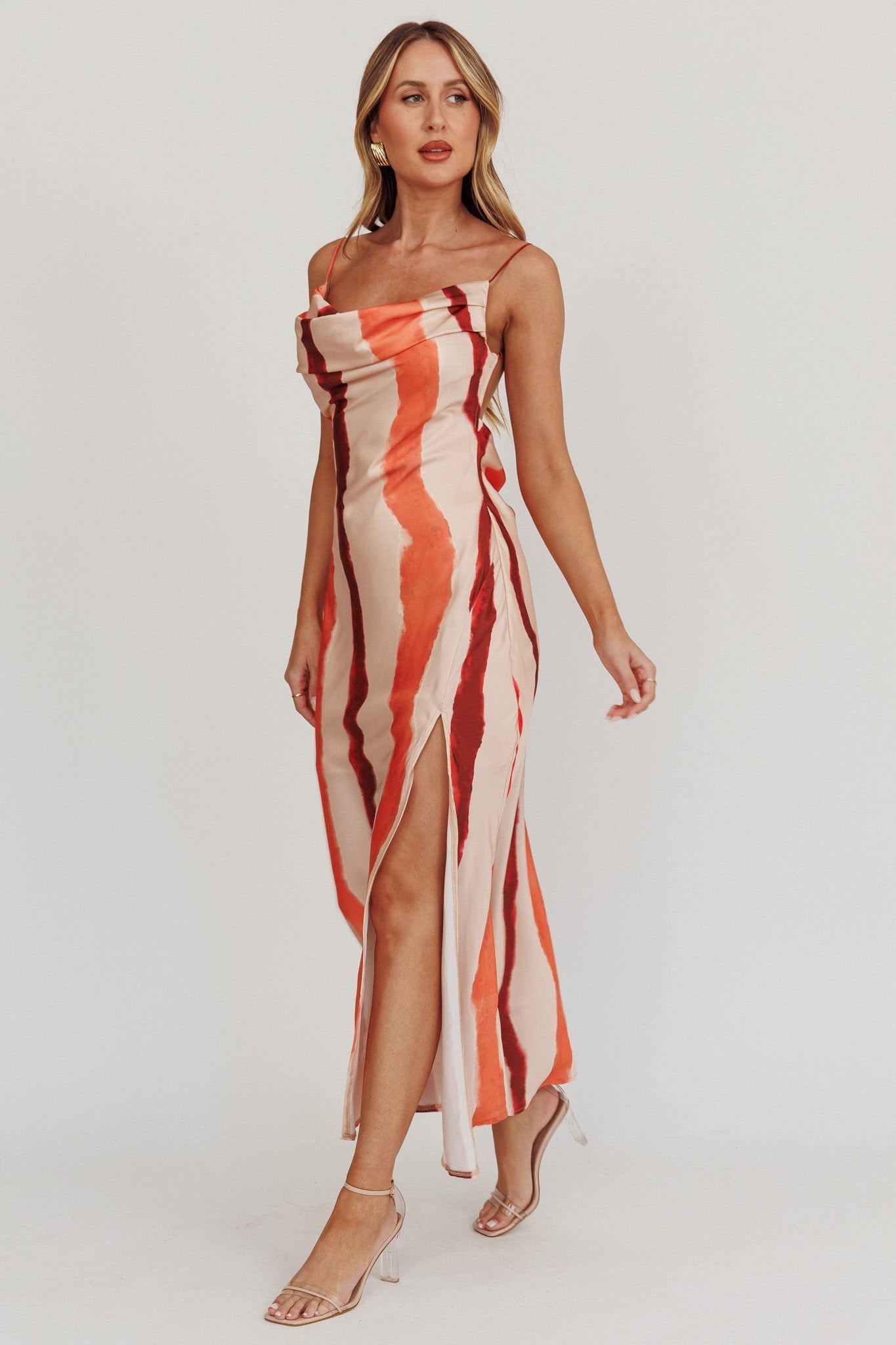 Blondine Cowl Bust Split Maxi Dress Peach