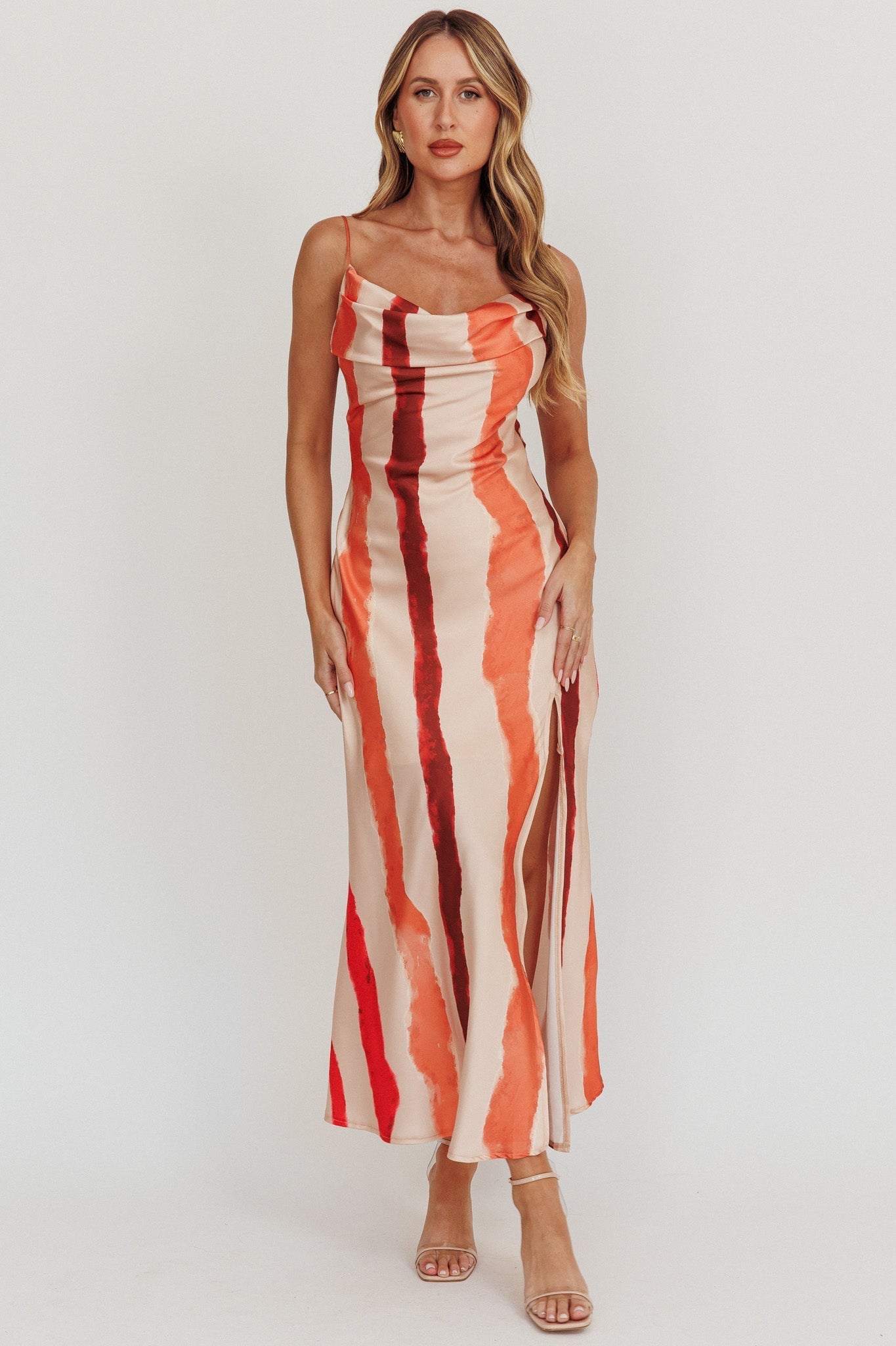 Blondine Cowl Bust Split Maxi Dress Peach
