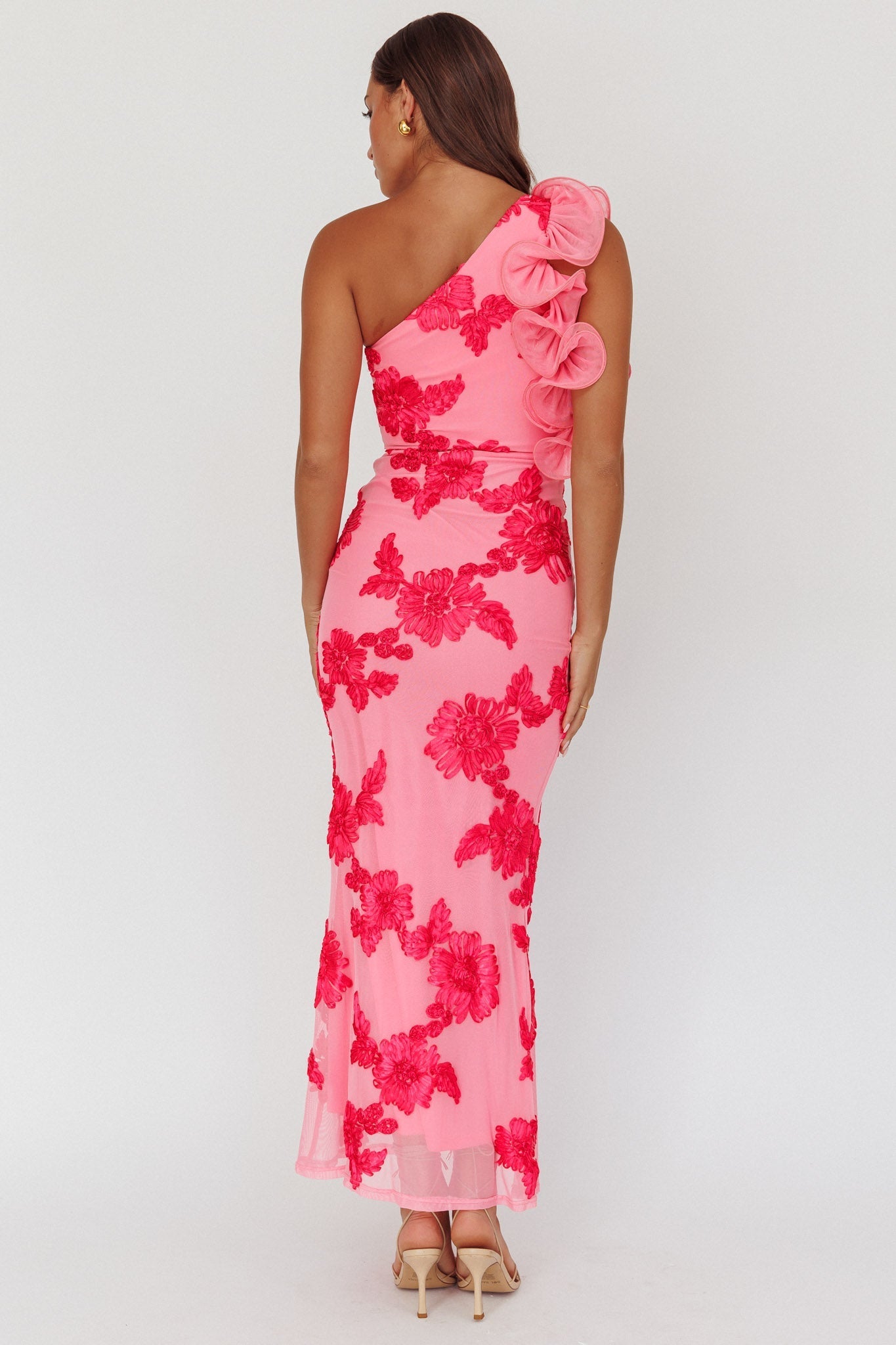 Deanna One-Shoulder Ruffle Maxi Dress Floral Pink