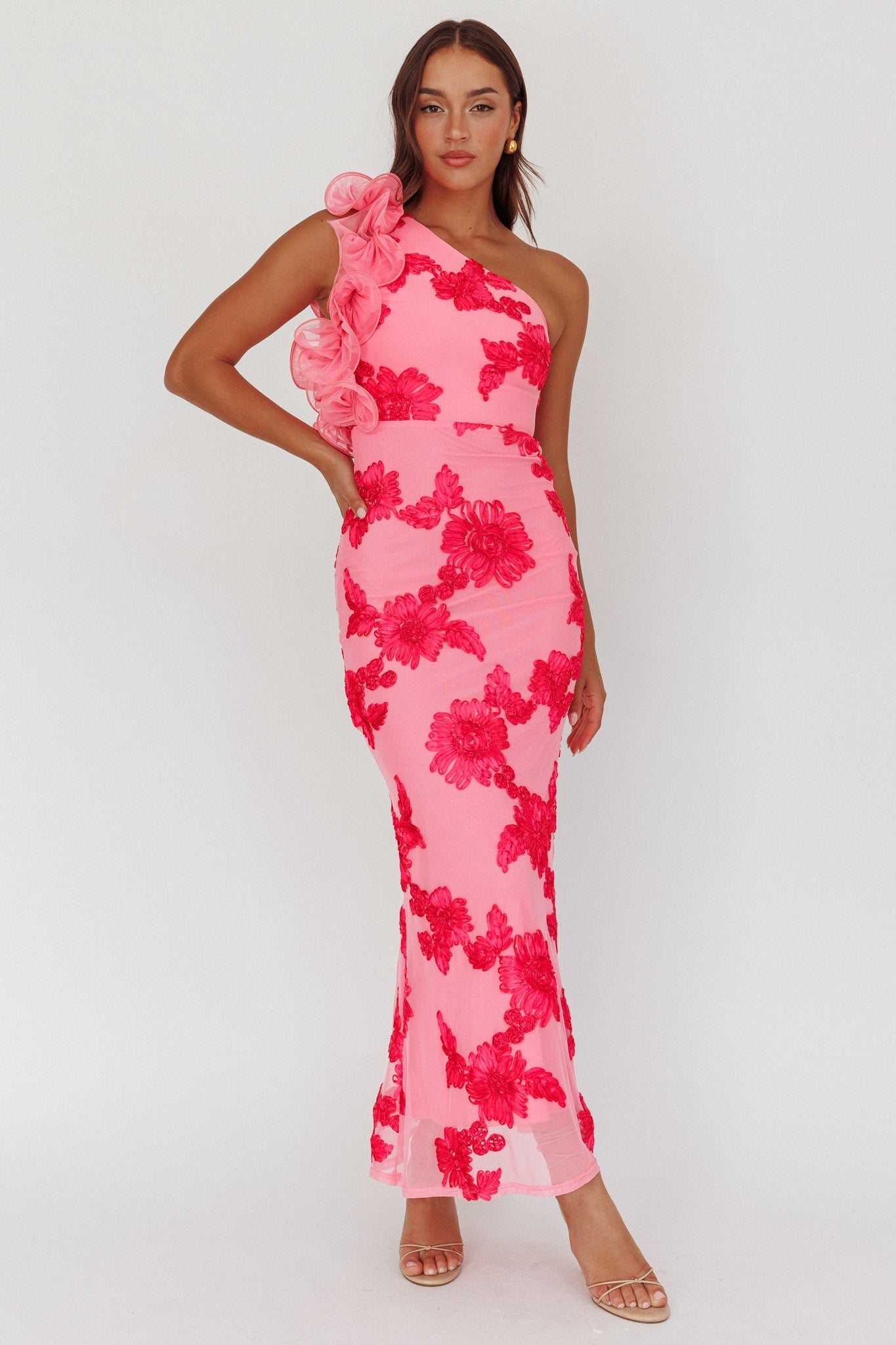 Deanna One-Shoulder Ruffle Maxi Dress Floral Pink