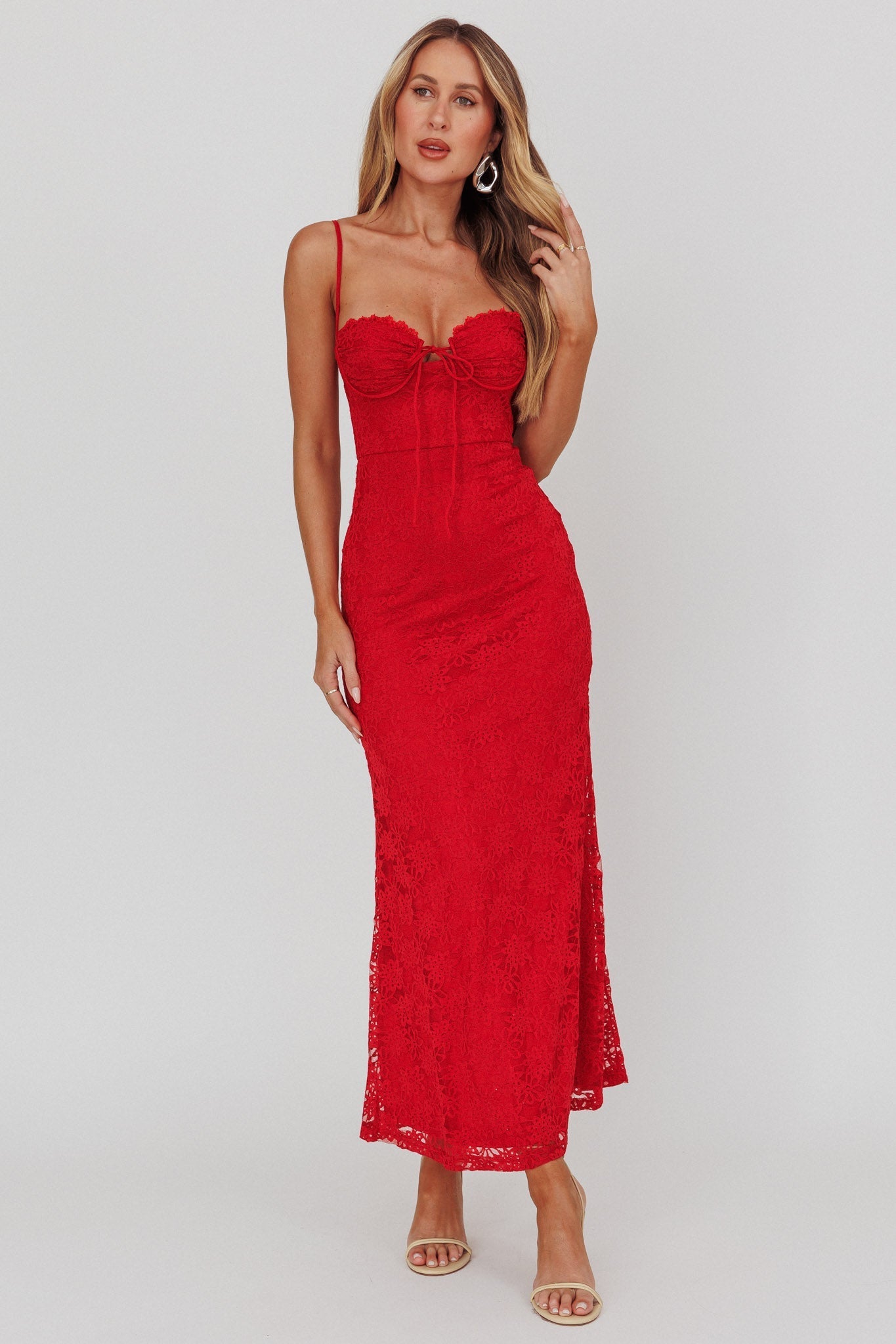 Passione Tied Bust Lace Maxi Dress Cherry