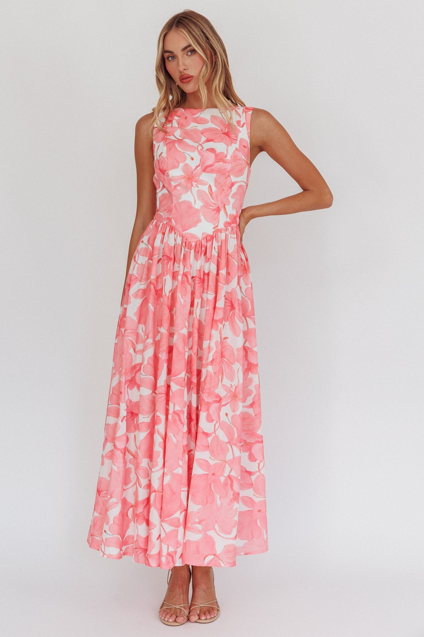 Opulent Low Back Maxi Dress Floral Pink