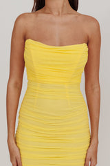 Midwest Strapless Gathered Mesh Maxi Dress Lemon