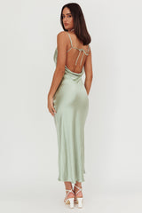 Gentle Touch Cowl Neck Satin Maxi Dress Sage