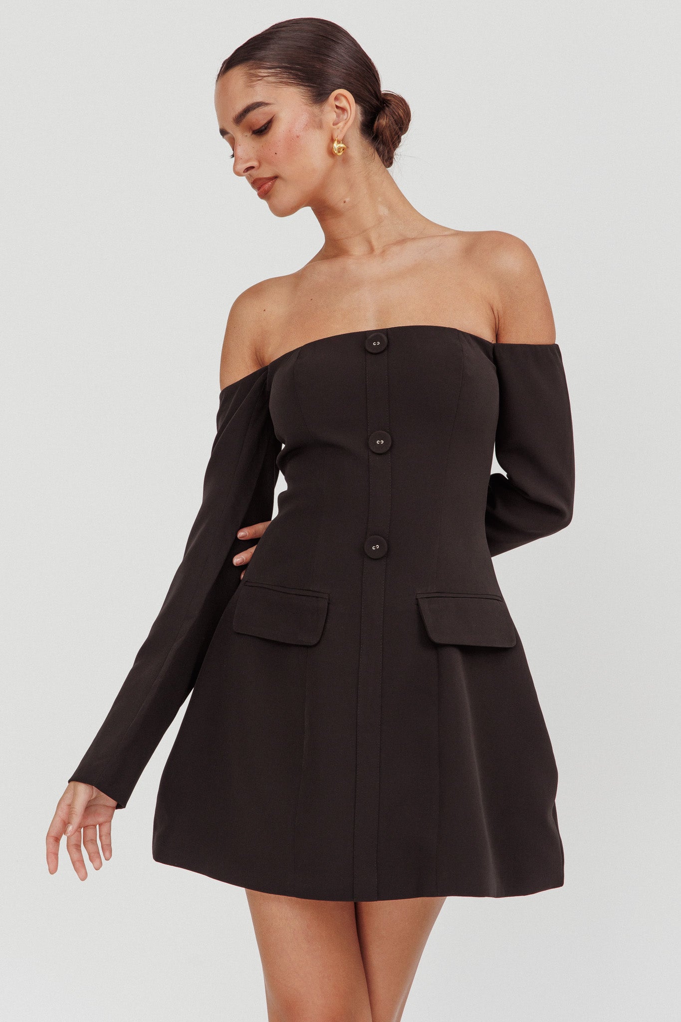 Cherry Wine Off Shoulder Mini Dress Black