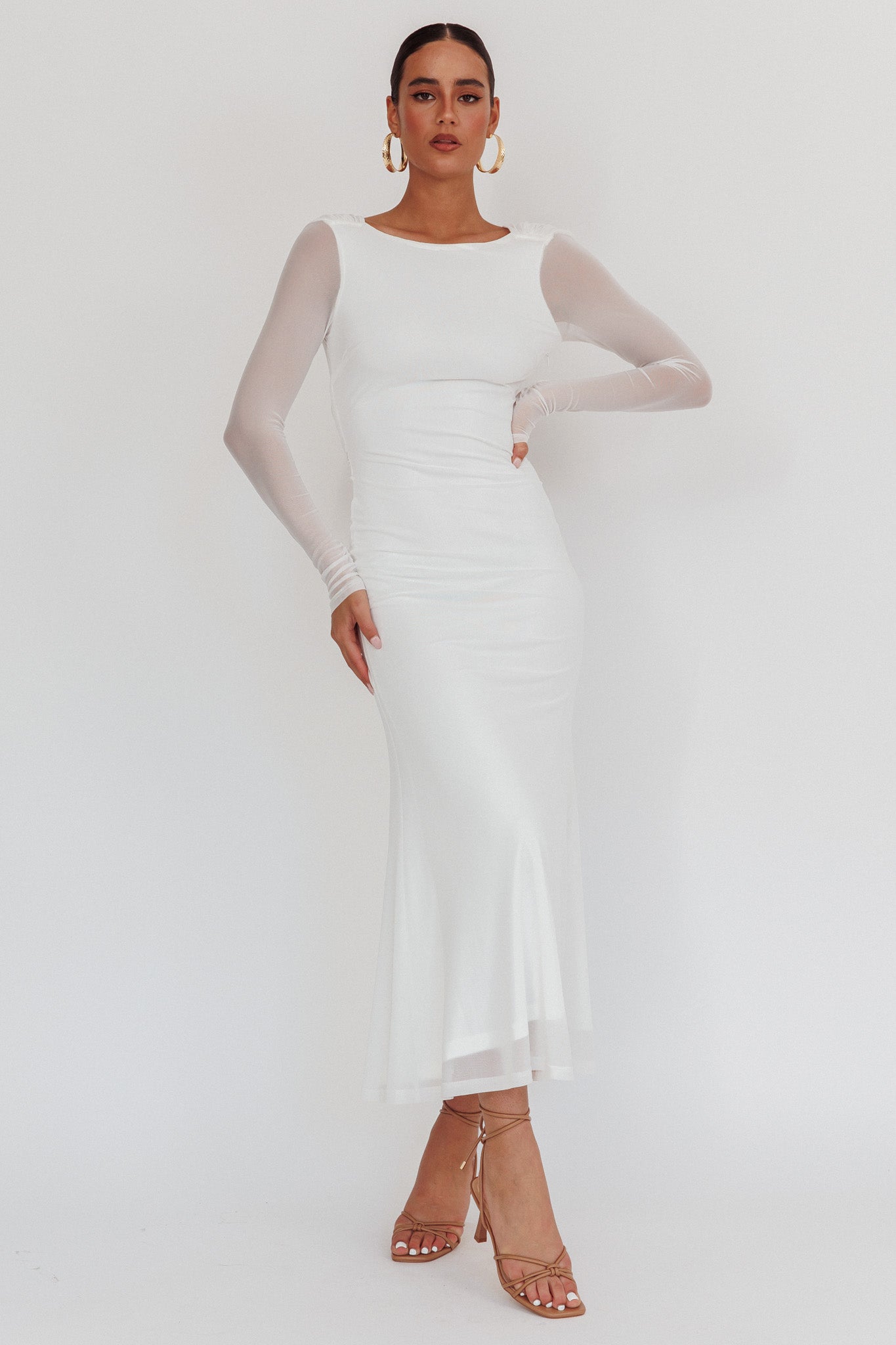 Lustre Open Back Mesh Maxi Dress White