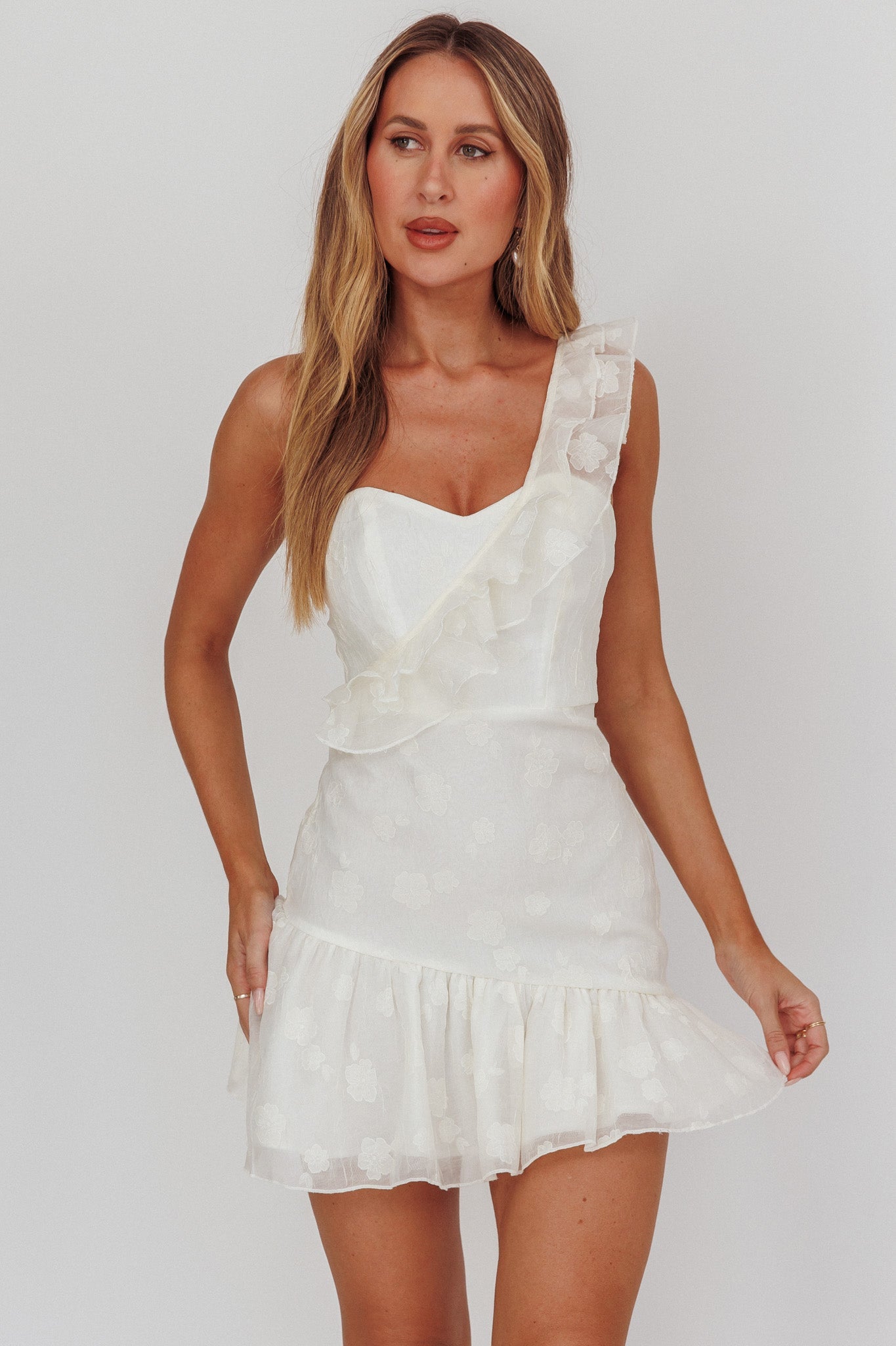 Minka One-Shoulder Ruffle Mini Dress Off White