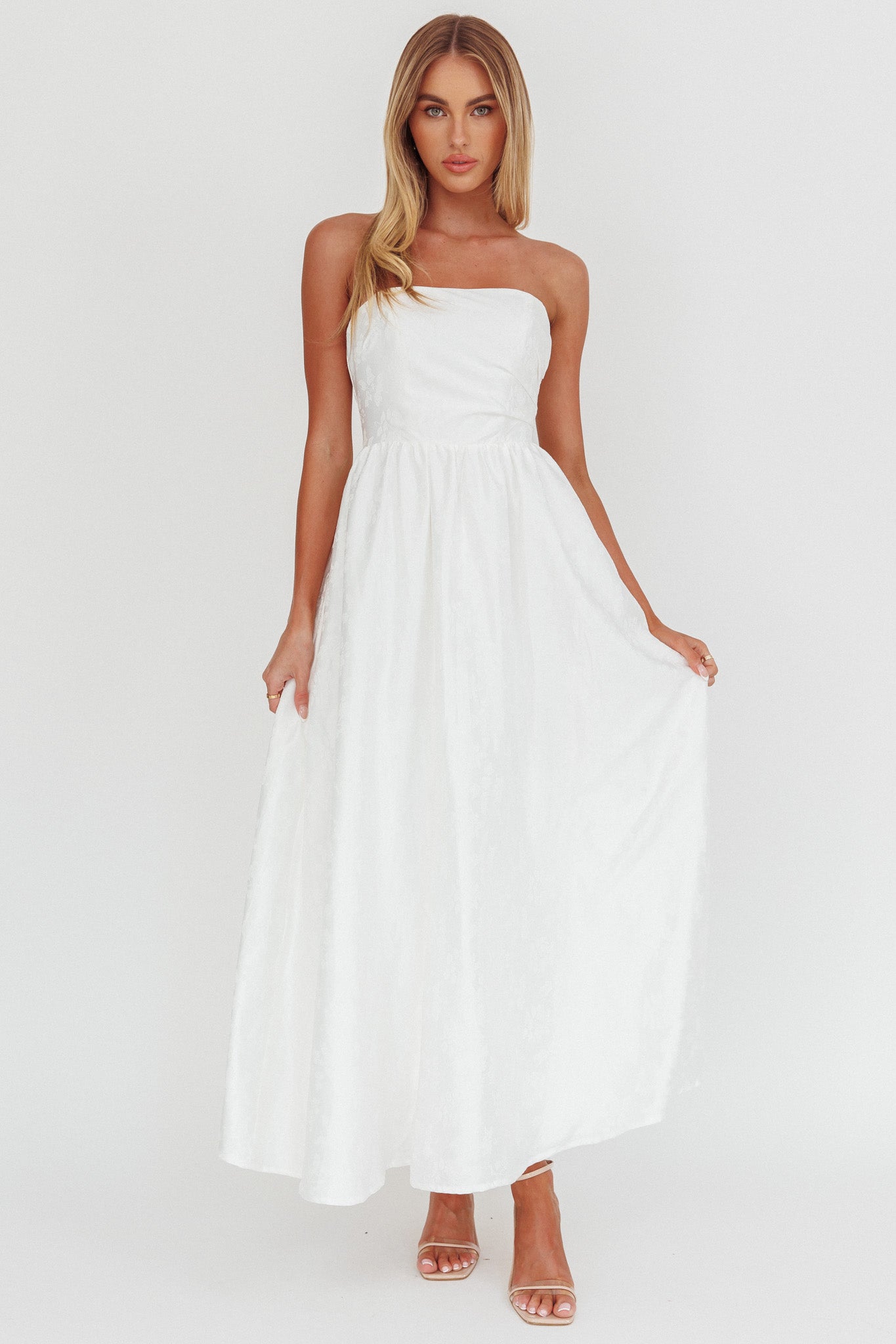 Anushka Strapless Empire Maxi Dress Jacquard White