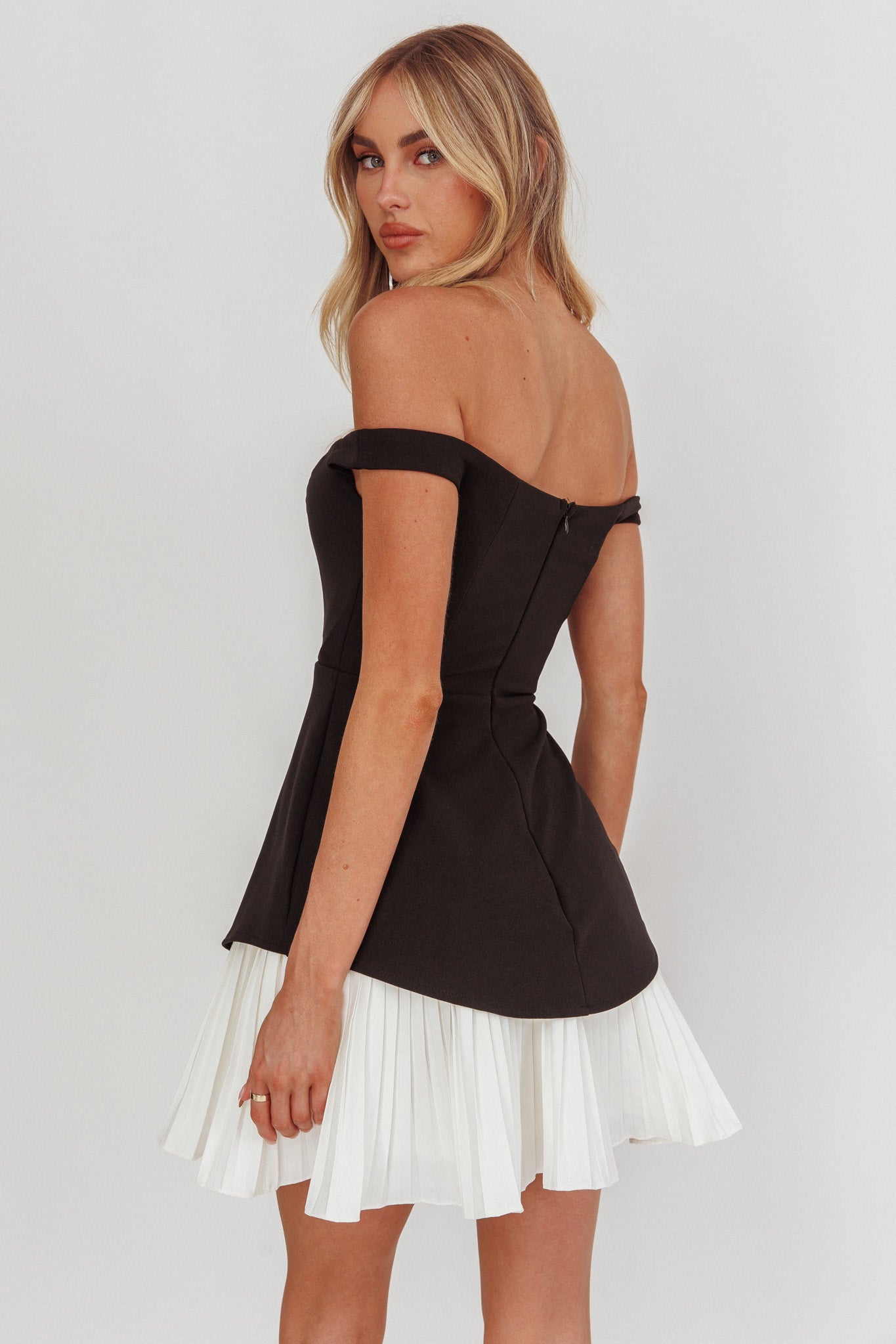 Devoted Love Pleat Hem Mini Dress Contrast Black