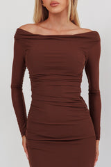 In Blooms Off Shoulder Mesh Maxi Dress Chocolate