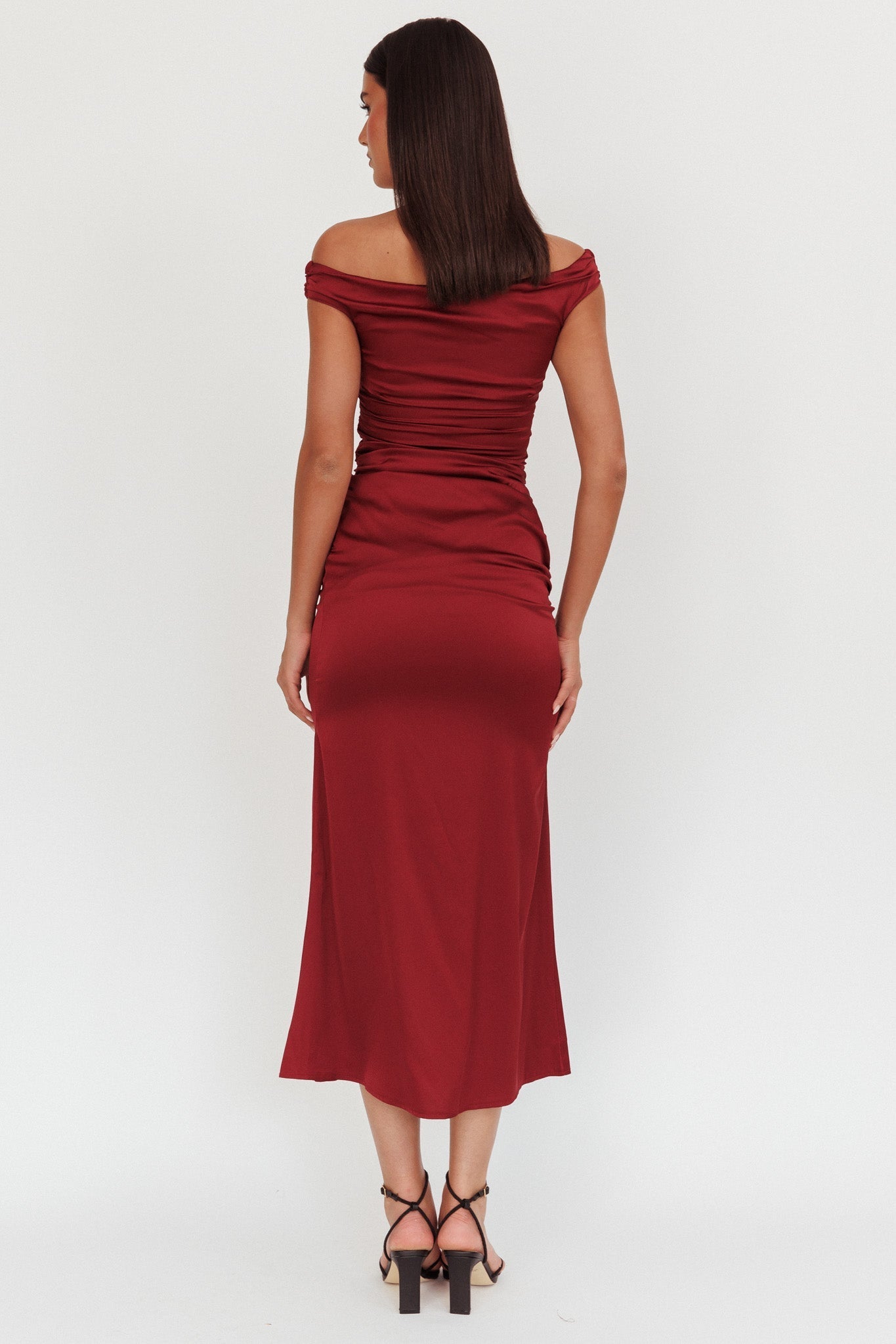 In Blooms Off Shoulder Satin Maxi Dress Wine