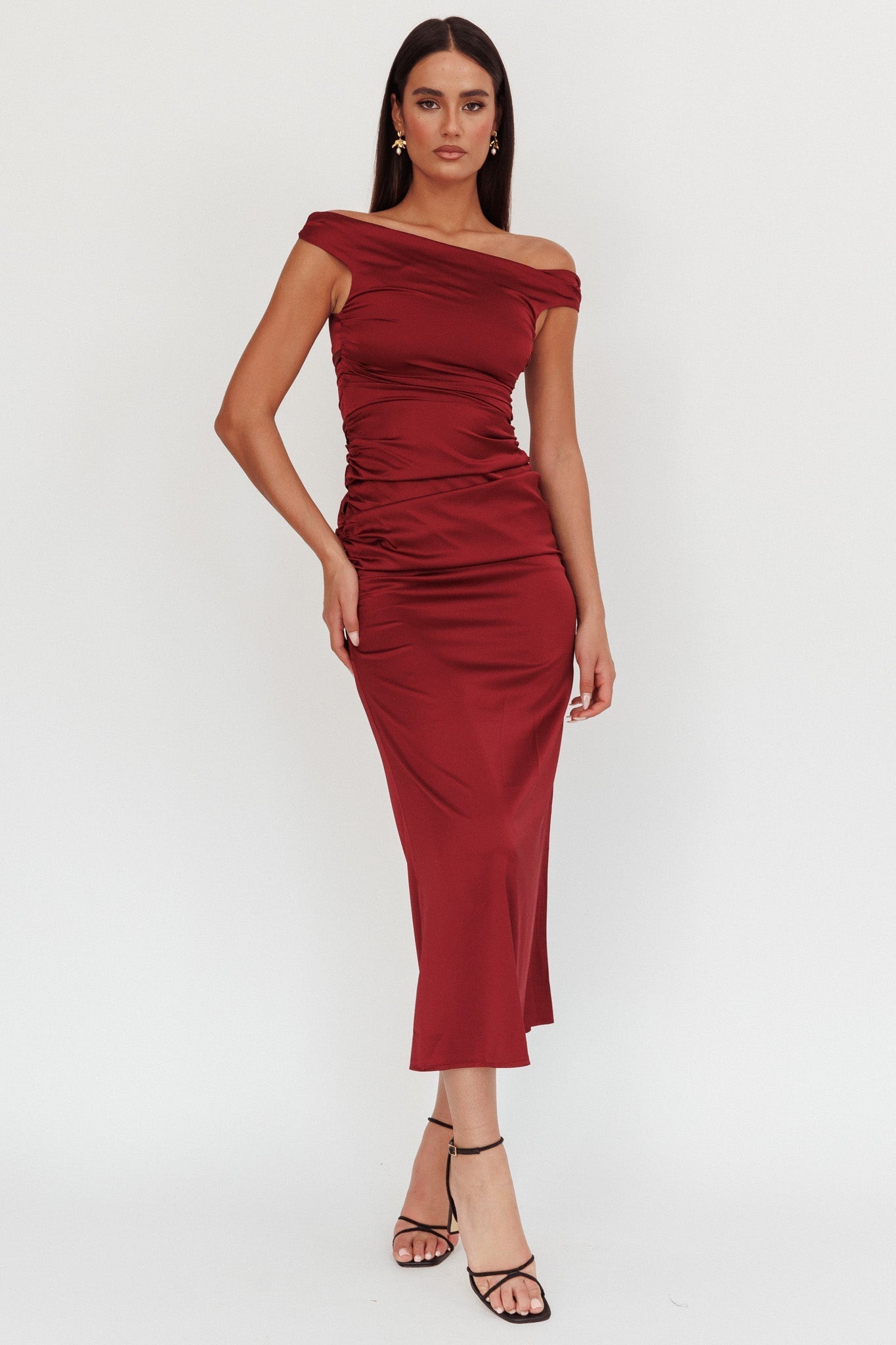 In Blooms Off Shoulder Satin Maxi Dress Wine