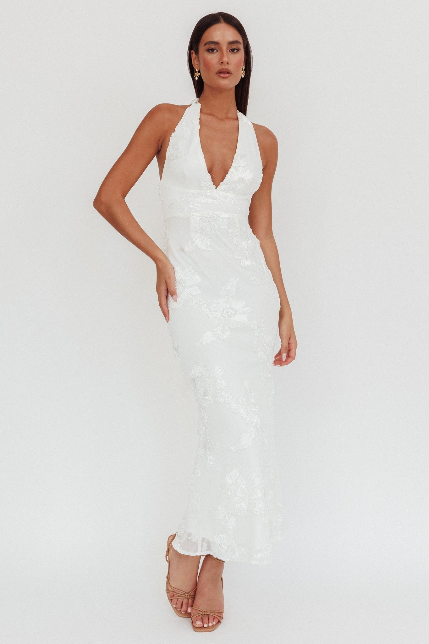 Cipriana Backless Halter Maxi Dress Embellished White