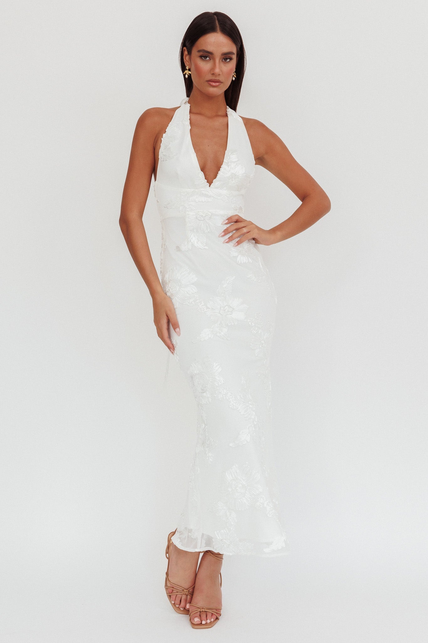 Cipriana Backless Halter Maxi Dress Embellished White