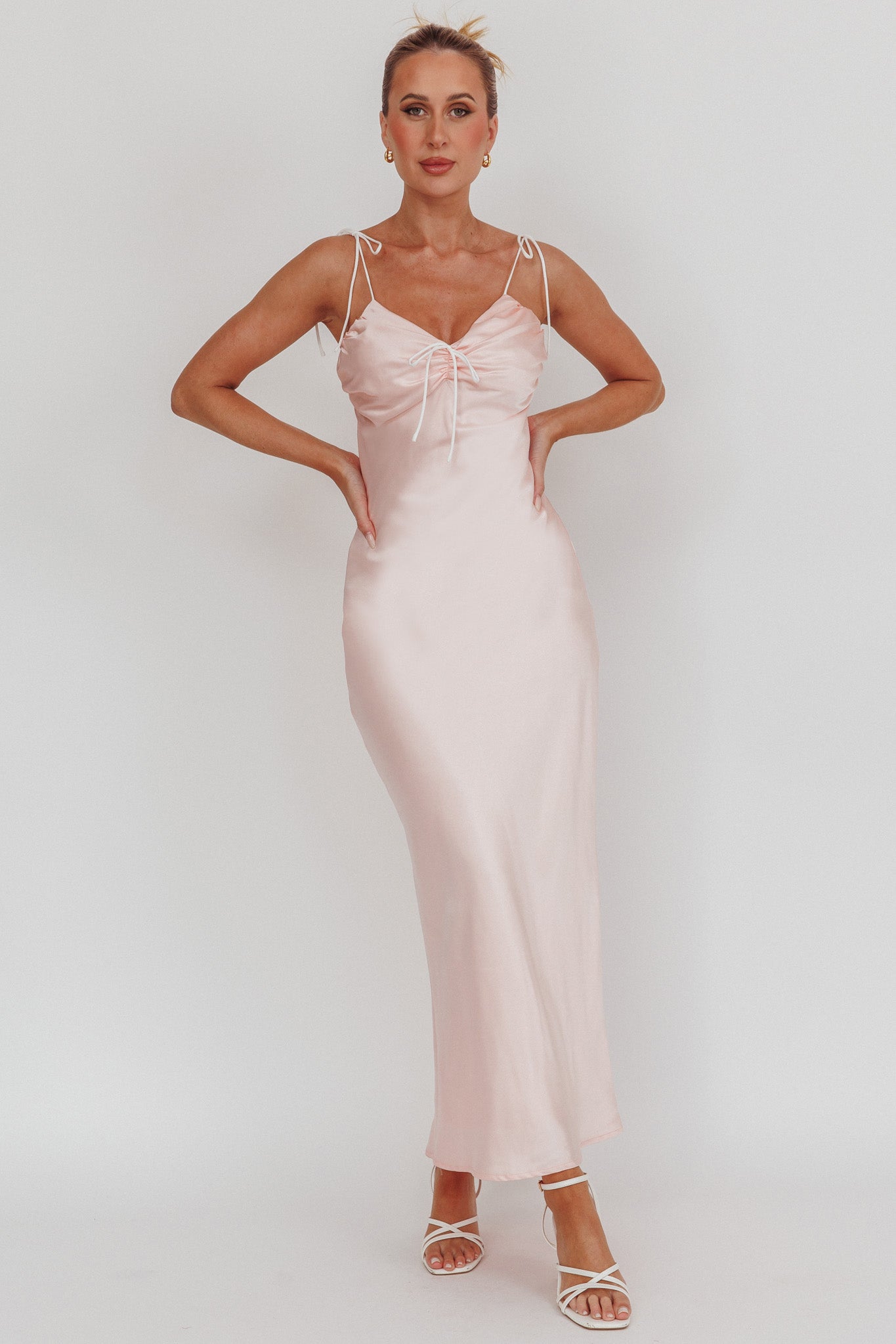 Slow Burn Tied Shoulders Satin Maxi Dress Pink