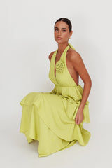 Kimberley Halter Neck Ruffle Maxi Dress Matcha