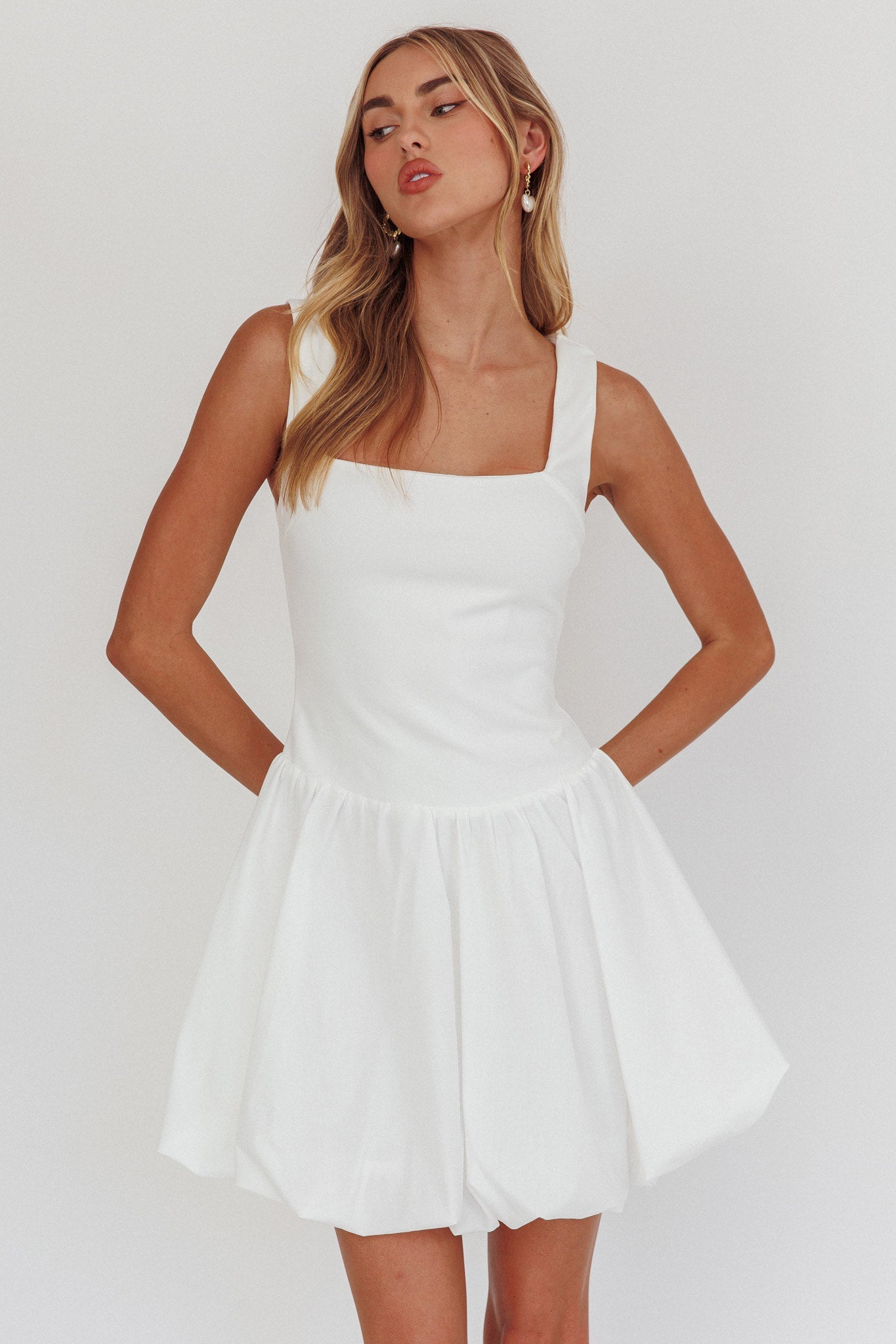 Like Art Square Neck Bubble Mini Dress White