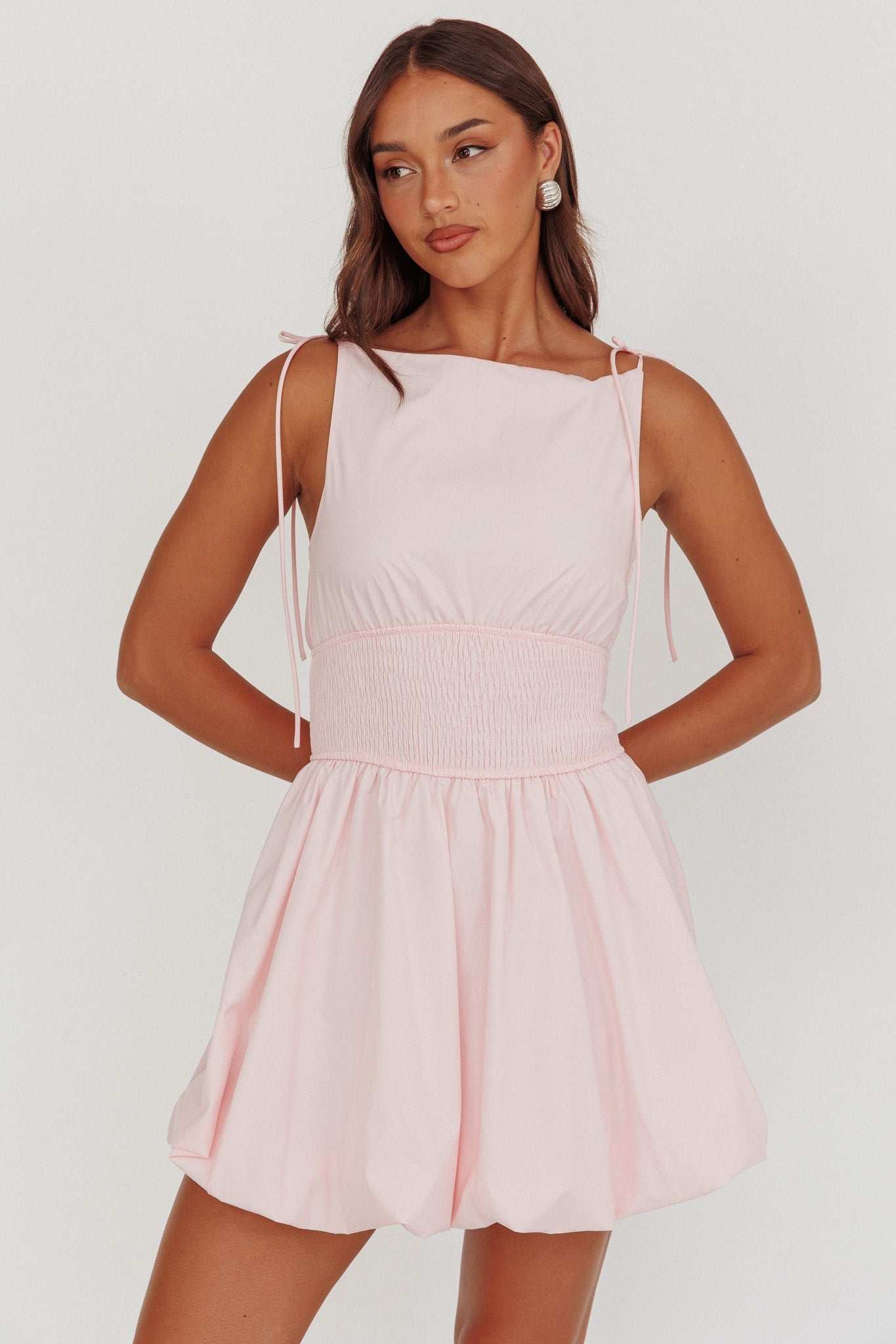Like Art Tied Shoulder Bubble Mini Dress Pink