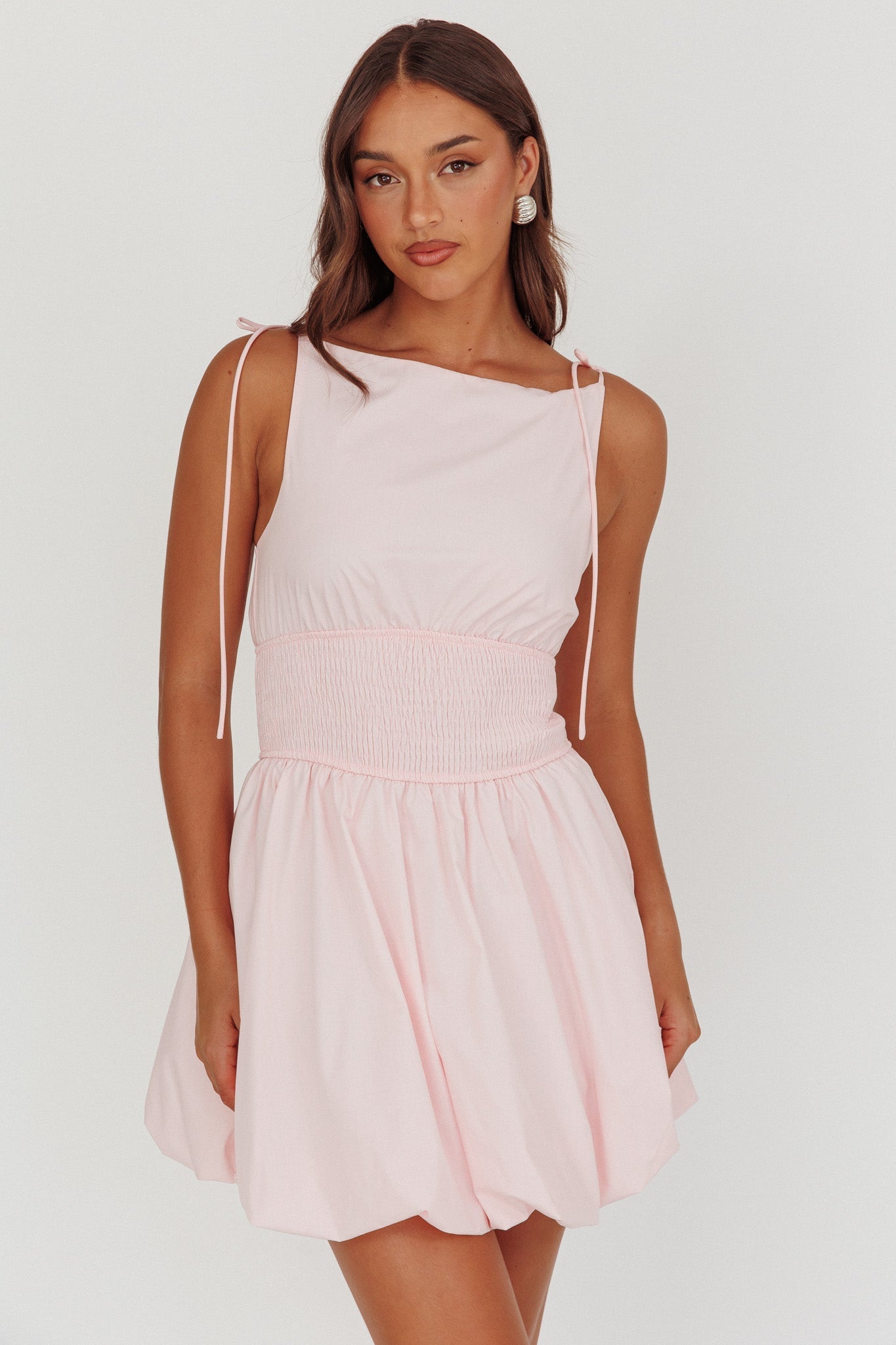Like Art Tied Shoulder Bubble Mini Dress Pink