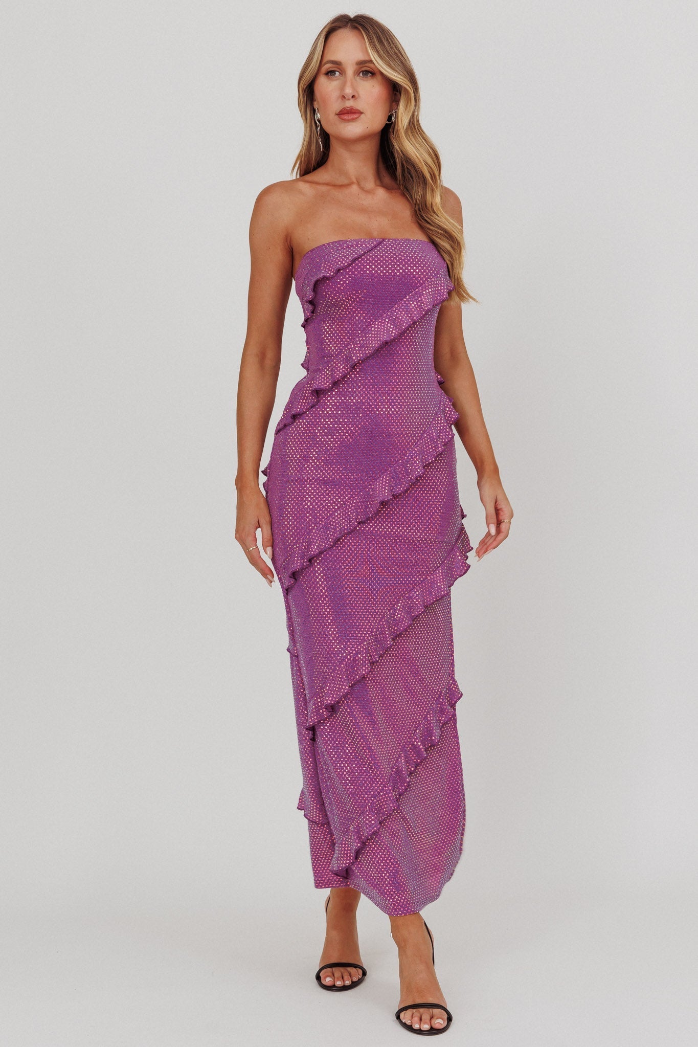 Metrics Strapless Frill Maxi Dress Purple