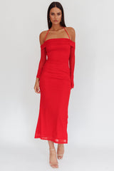 Numbers Game Off-Shoulder Halter Maxi Dress Red