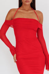 Numbers Game Off-Shoulder Halter Maxi Dress Red