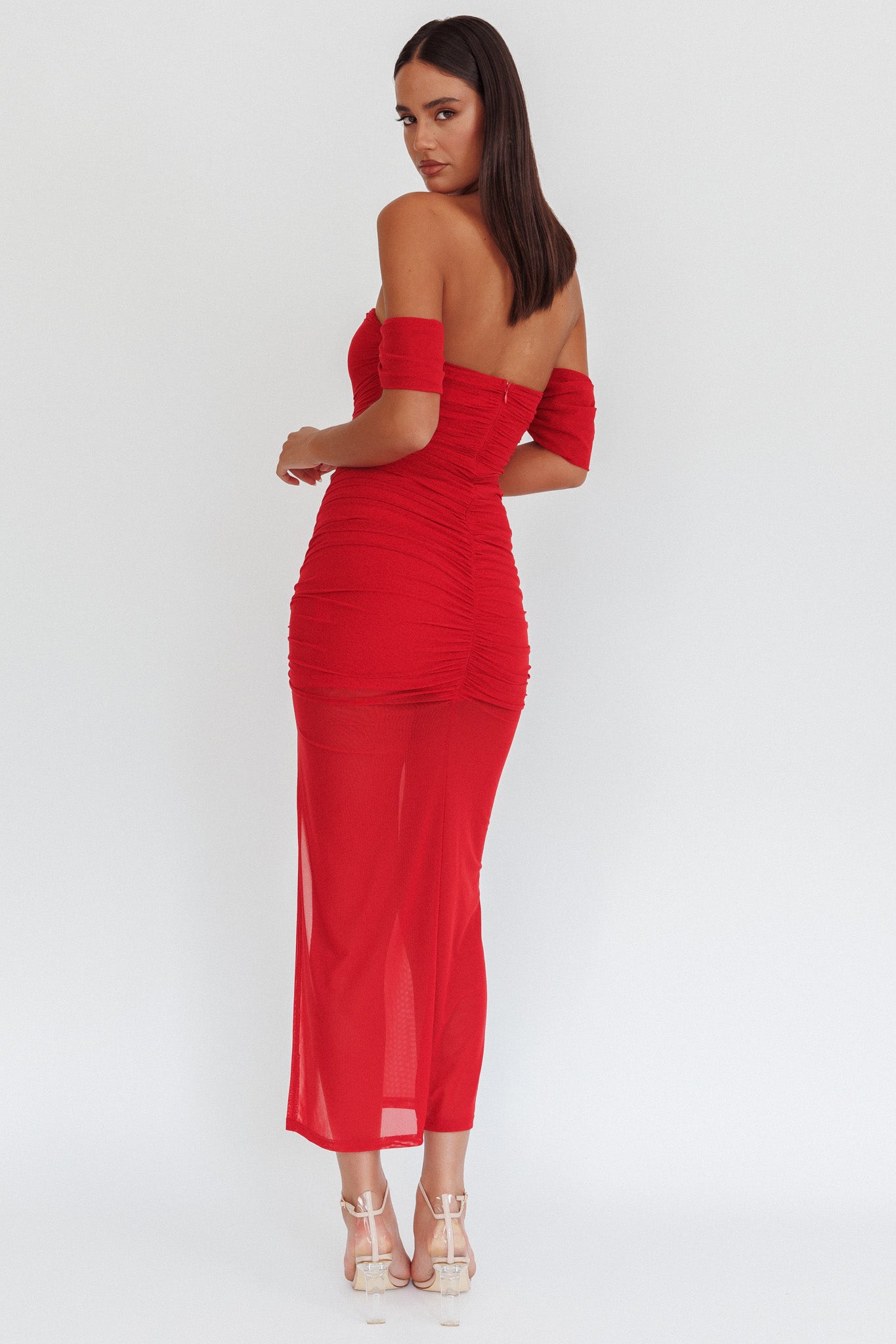 Melonie Off-Shoulder Mesh Maxi Dress Red