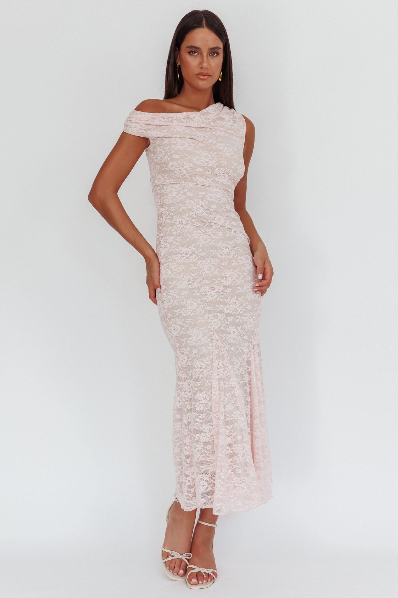 Diana Asymmetric Shoulder Godet Maxi Dress Lace Pink