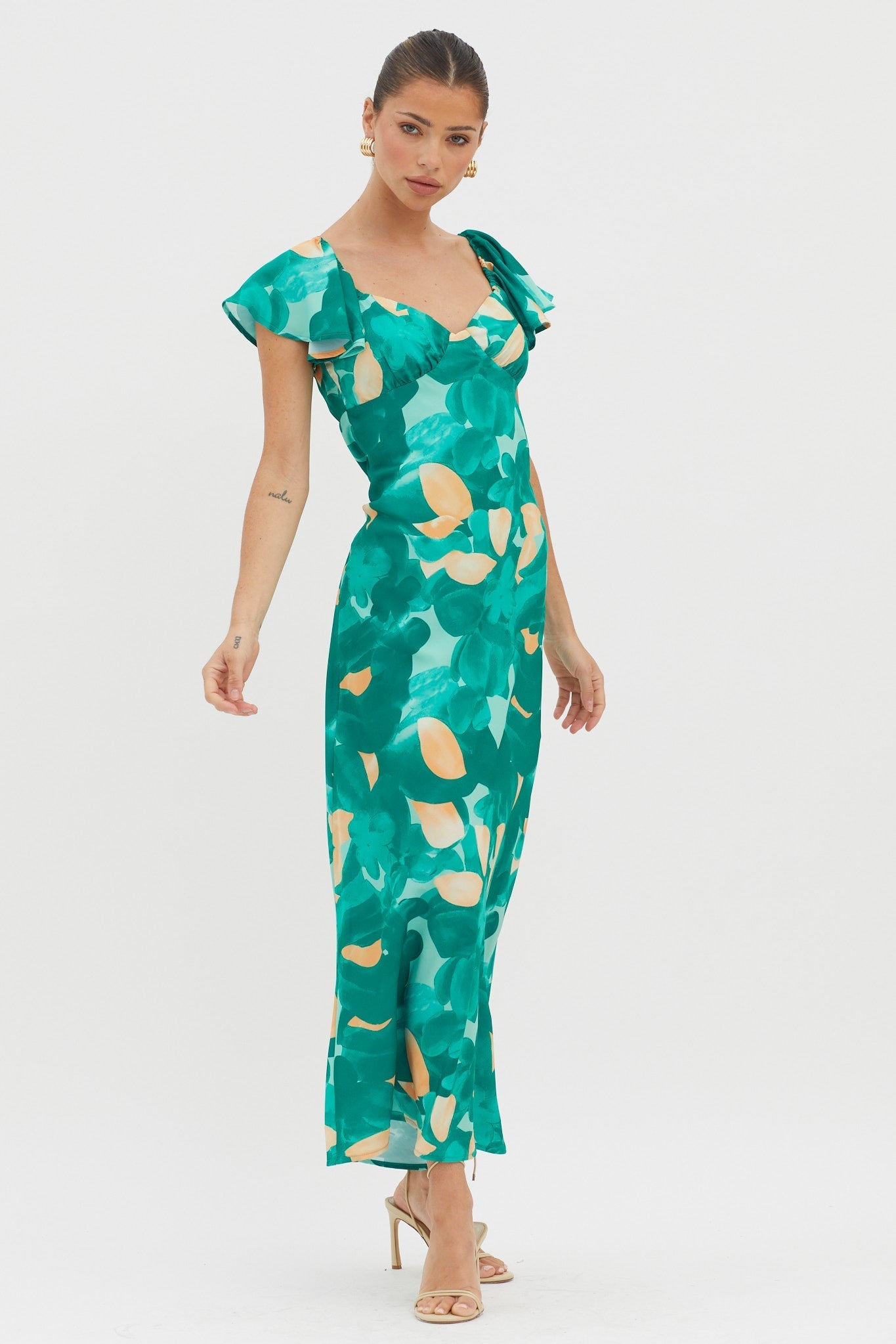 Park Avenue Flutter Sleeve Mini Dress Abstract Green