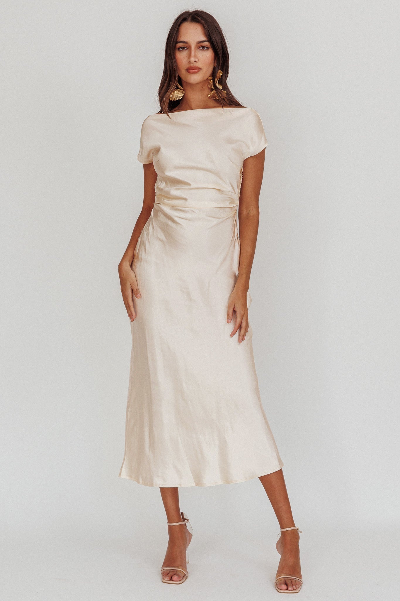 Loveland Cap Sleeve Cowl Back Midi Dress Oyster