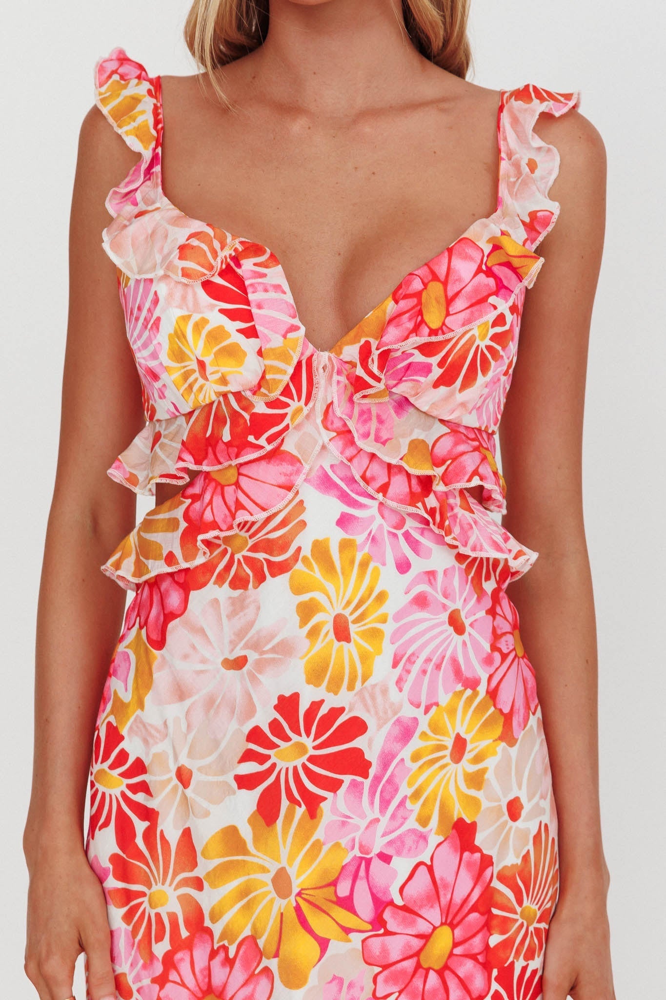 Second Chances Ruffle Trim Maxi Dress Flower Pink