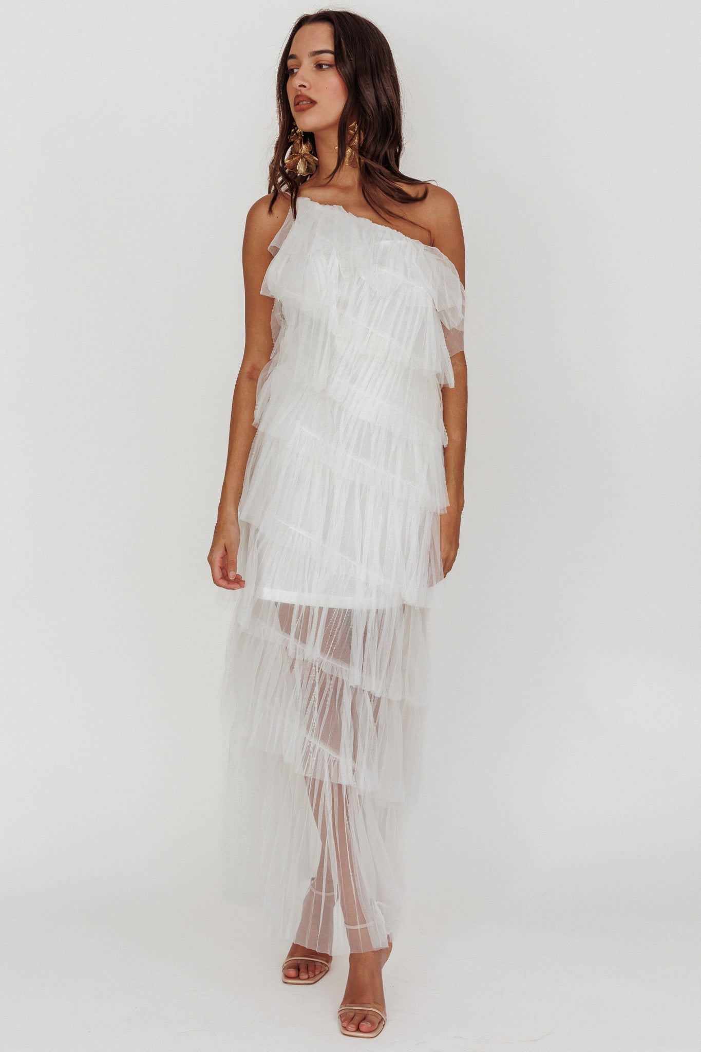 Arrabel Tiered Ruffle Tulle Maxi Dress White