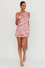 Arrabel Tiered Ruffle One Shoulder Mini Dress Pink