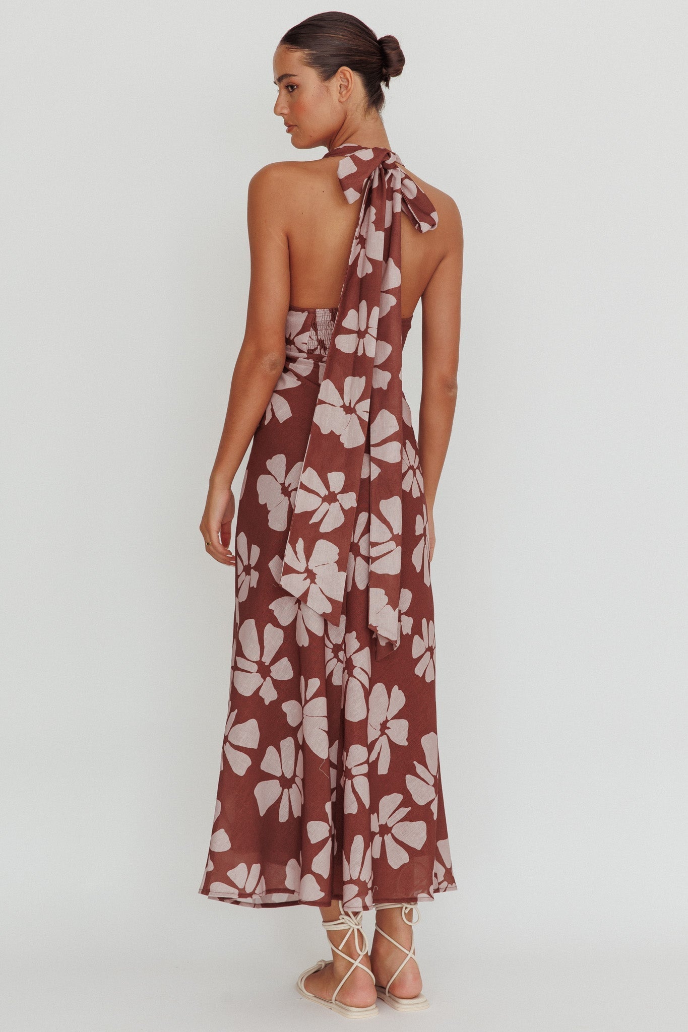 Italia Azure Halterneck Floral Maxi Dress Brown