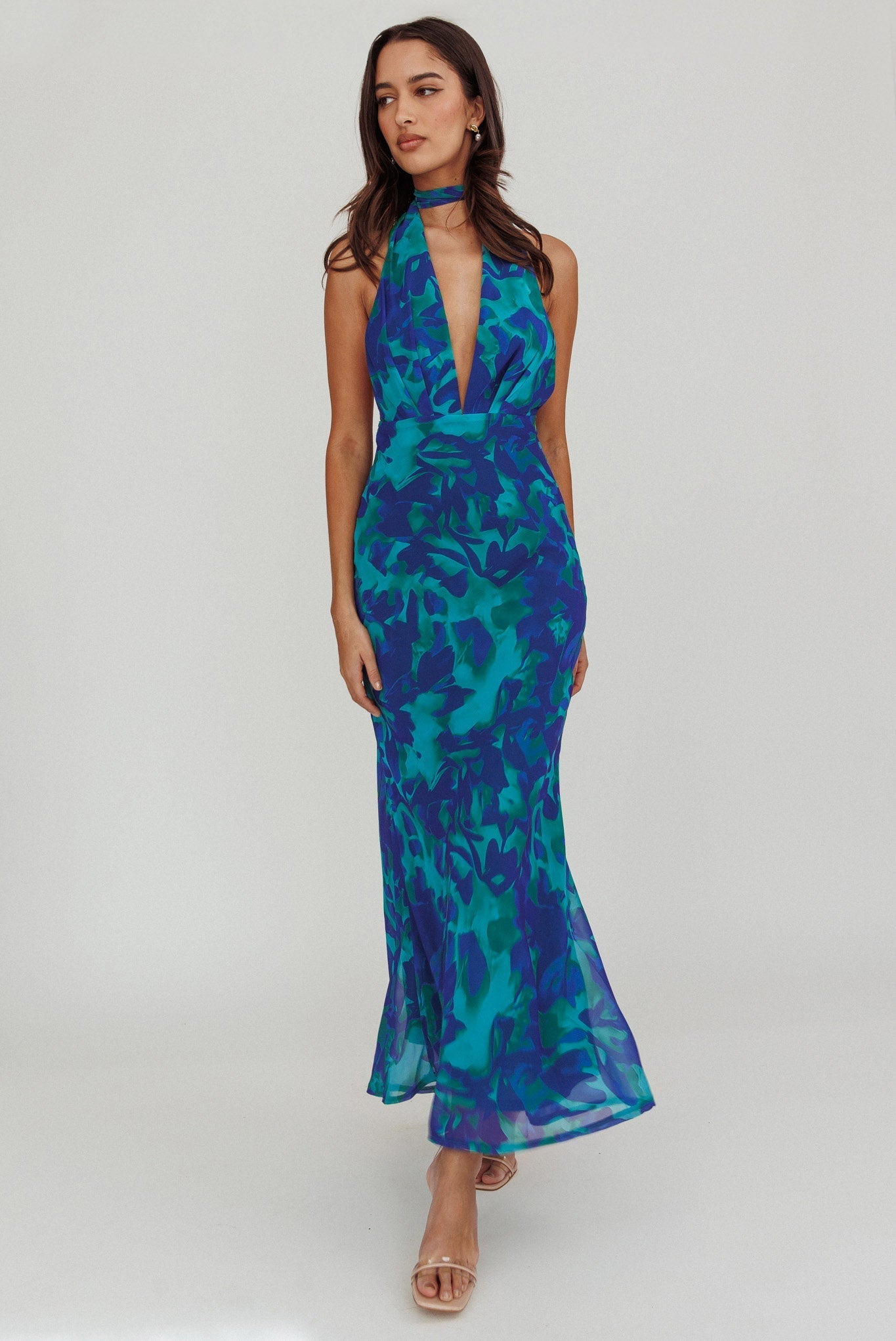 Italia Azure Halterneck Maxi Dress Abstract Blue