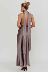 Italia Azure Halterneck Rosette Maxi Dress Grey