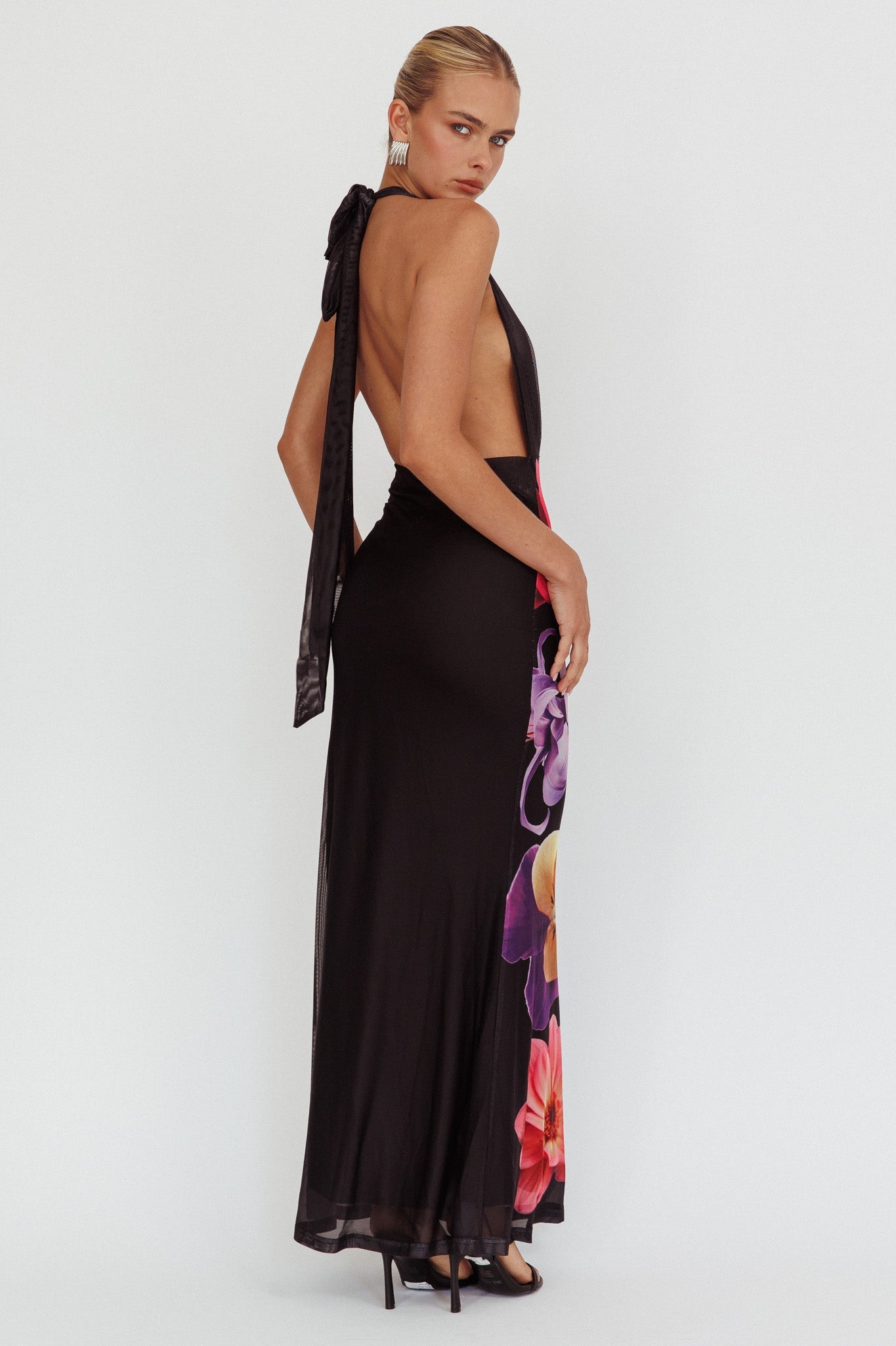 Italia Azure Halterneck Maxi Dress Flowers Black