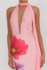 Italia Azure Halterneck Maxi Dress Flowers Pink