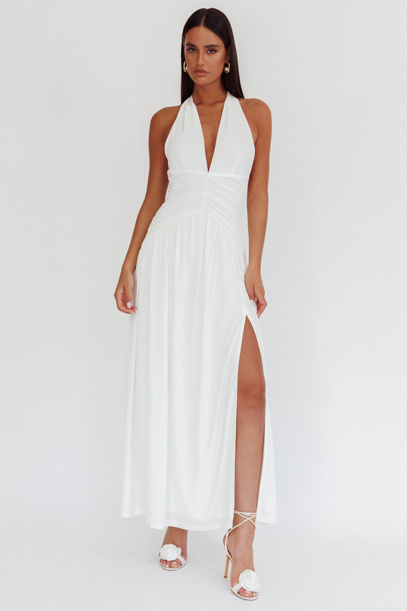 Italia Azure Gathered Waist Maxi Dress White