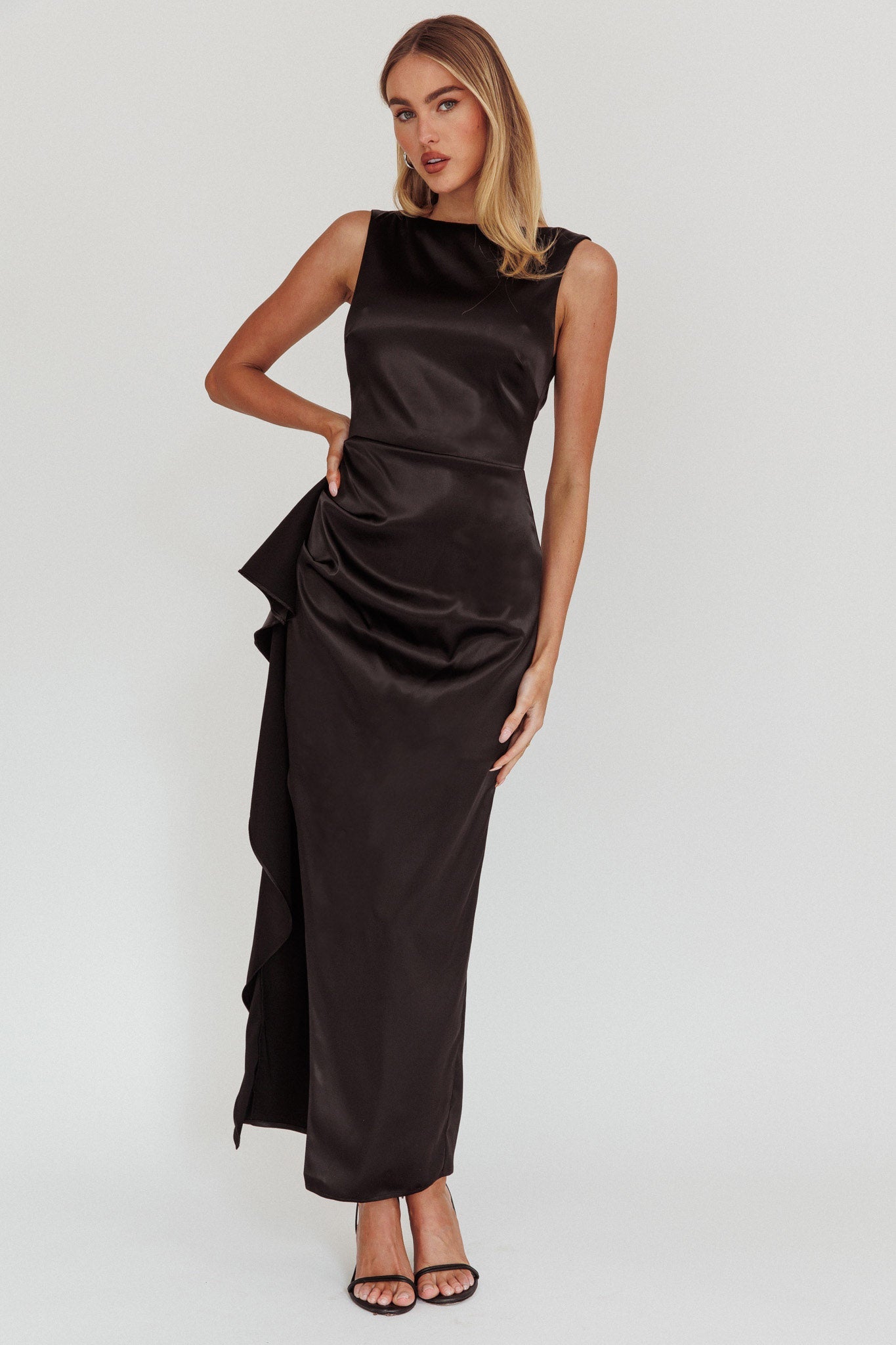Kamillia Boat Neck Split Maxi Dress Black