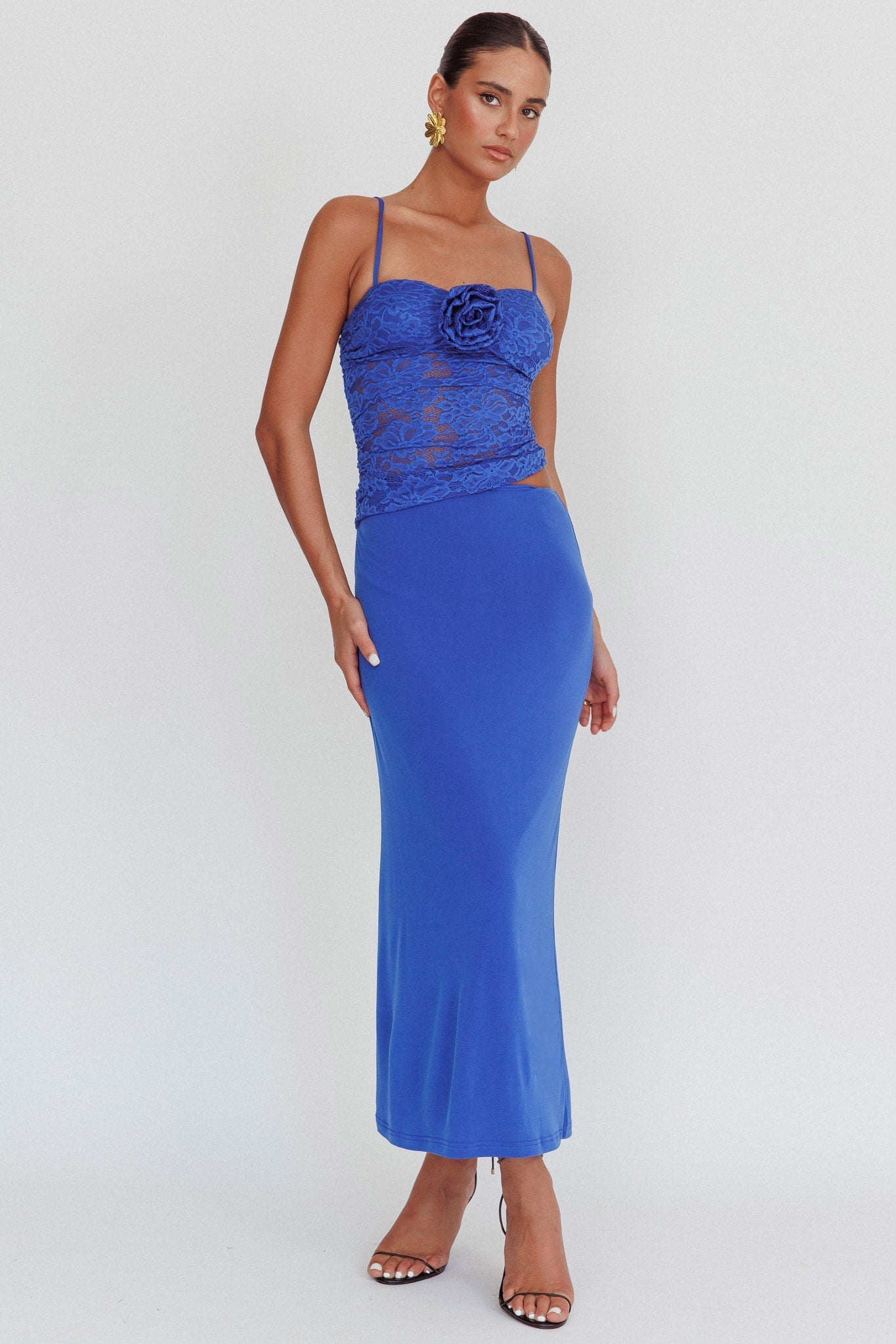 Lorely Lace Rosette Maxi Dress Top Blue