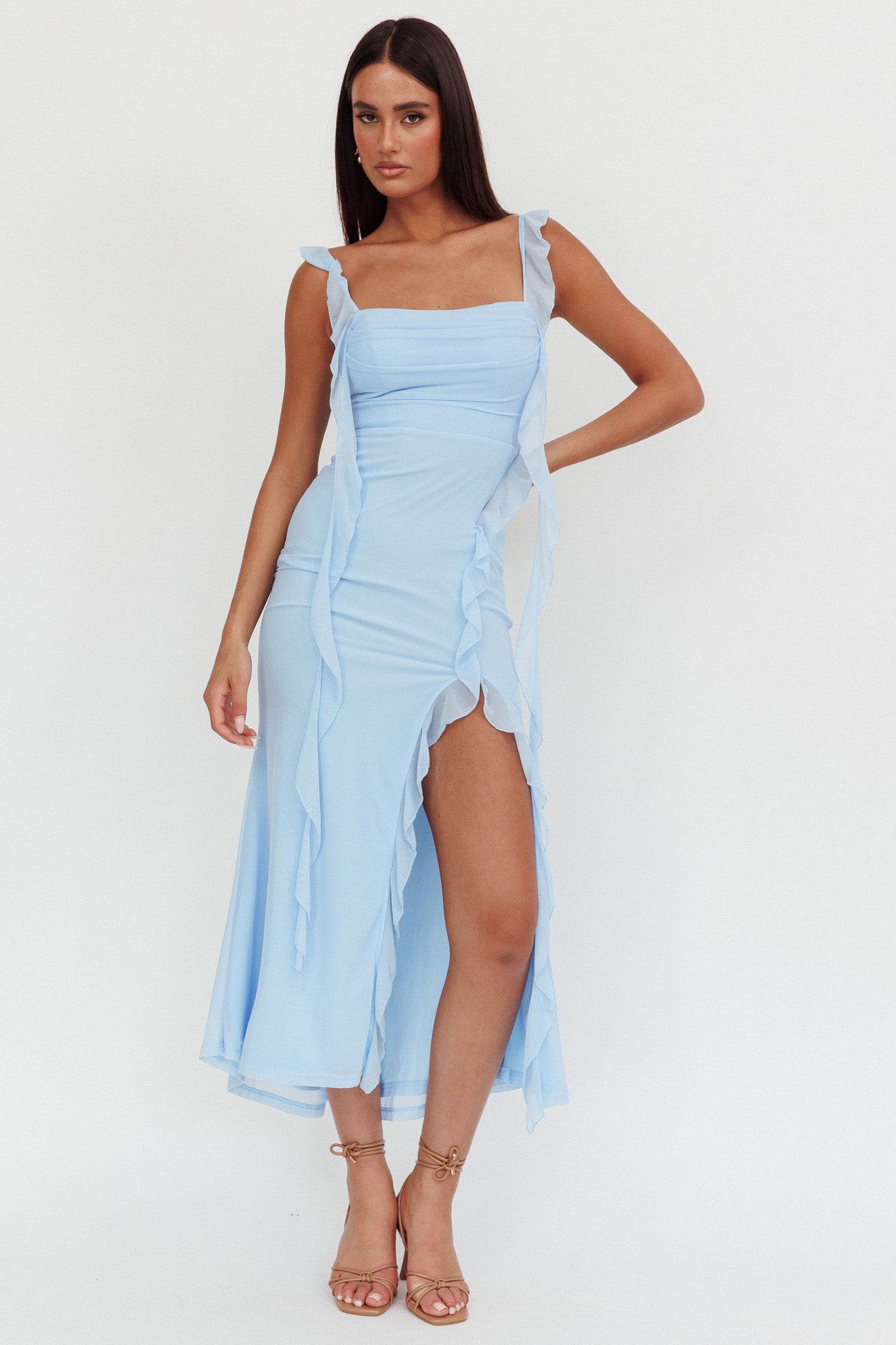 Blushing Ruffle Trim Maxi Dress Blue