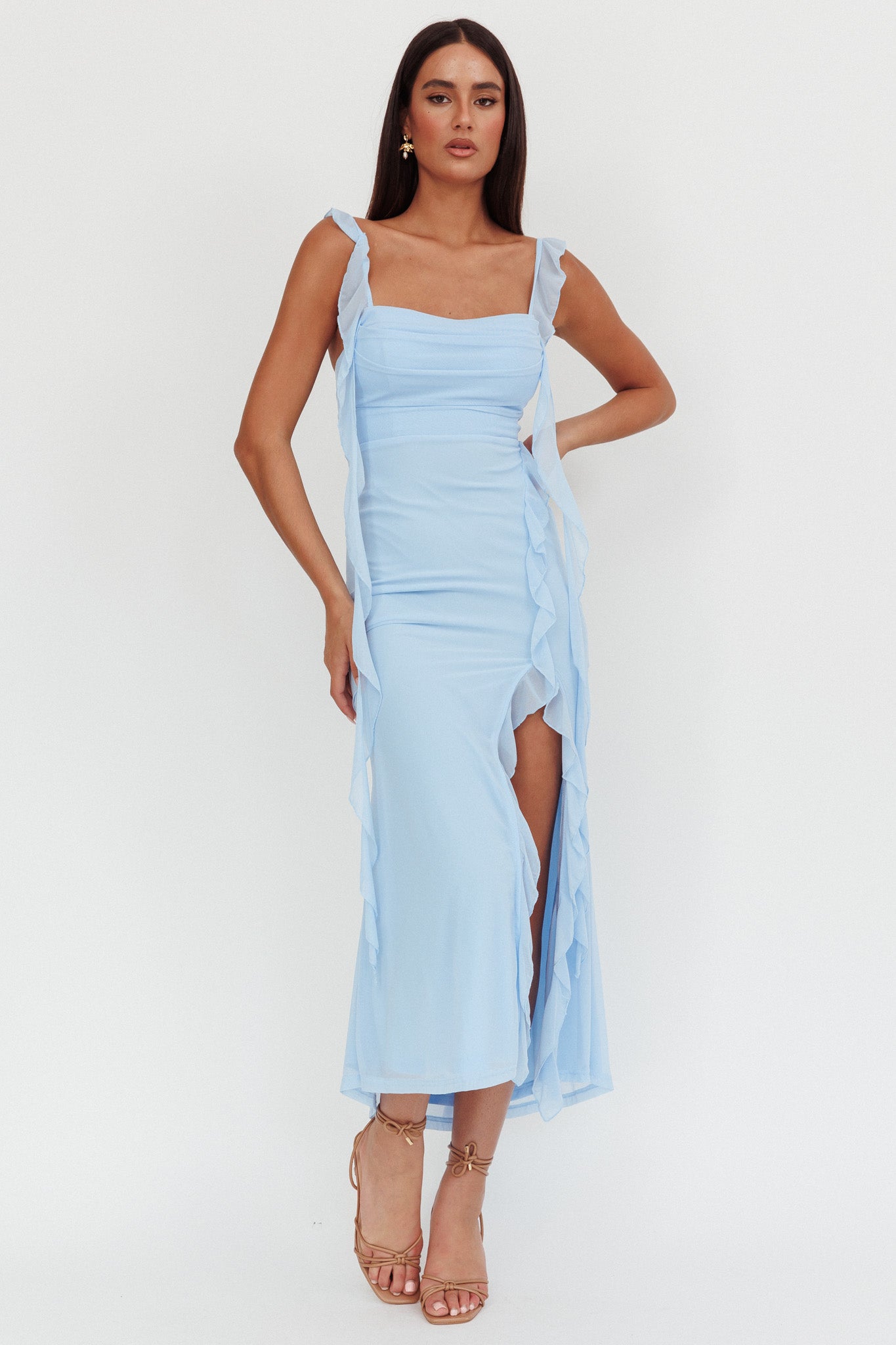Blushing Ruffle Trim Maxi Dress Blue