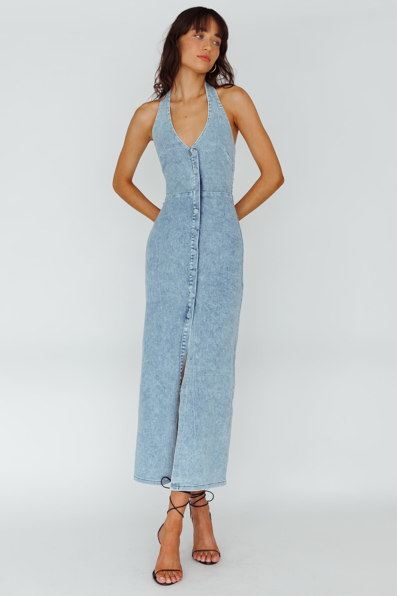 Renita Halterneck Button Maxi Dress Denim Blue