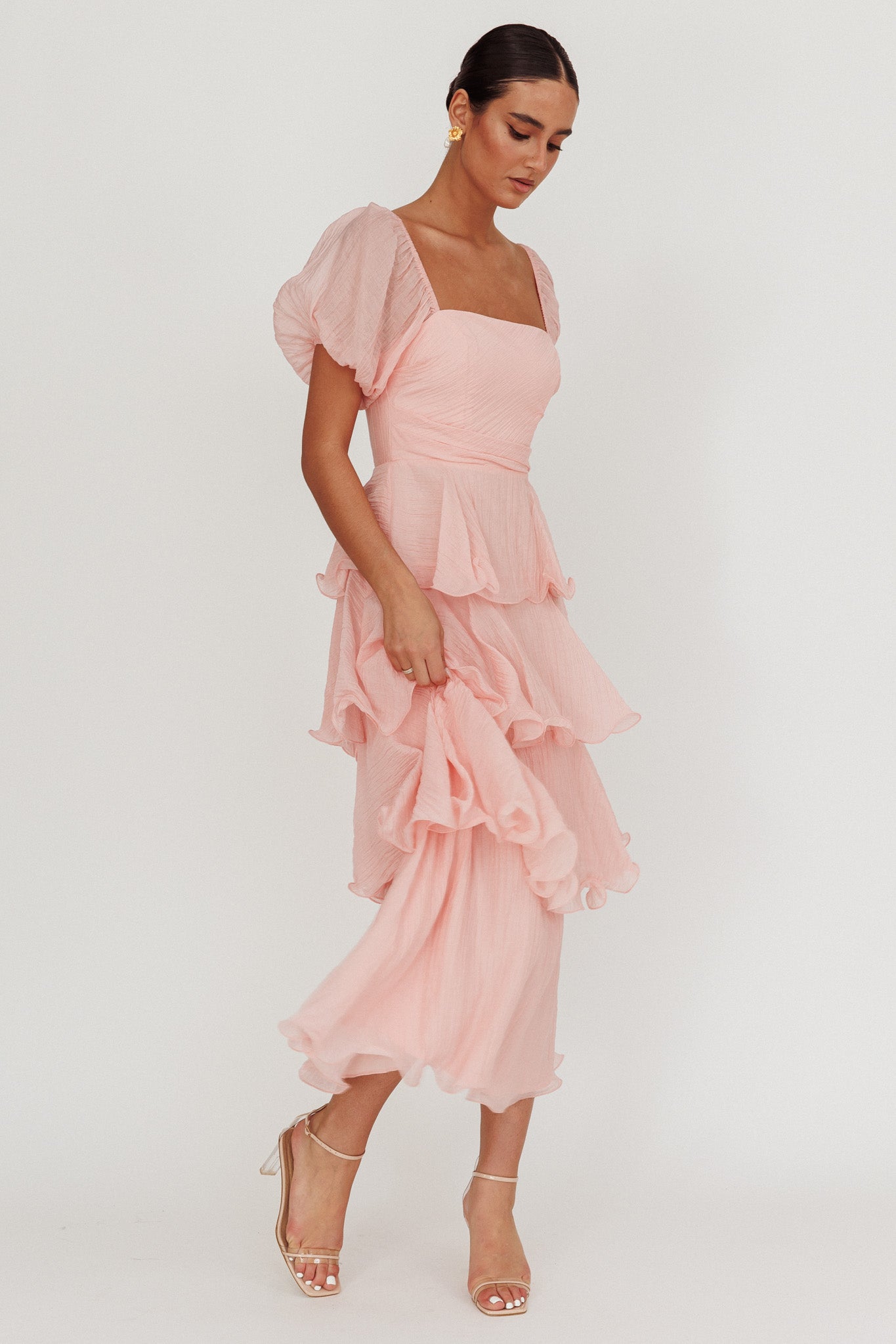 Giavana Puff Sleeve Layered Maxi Dress Baby Pink