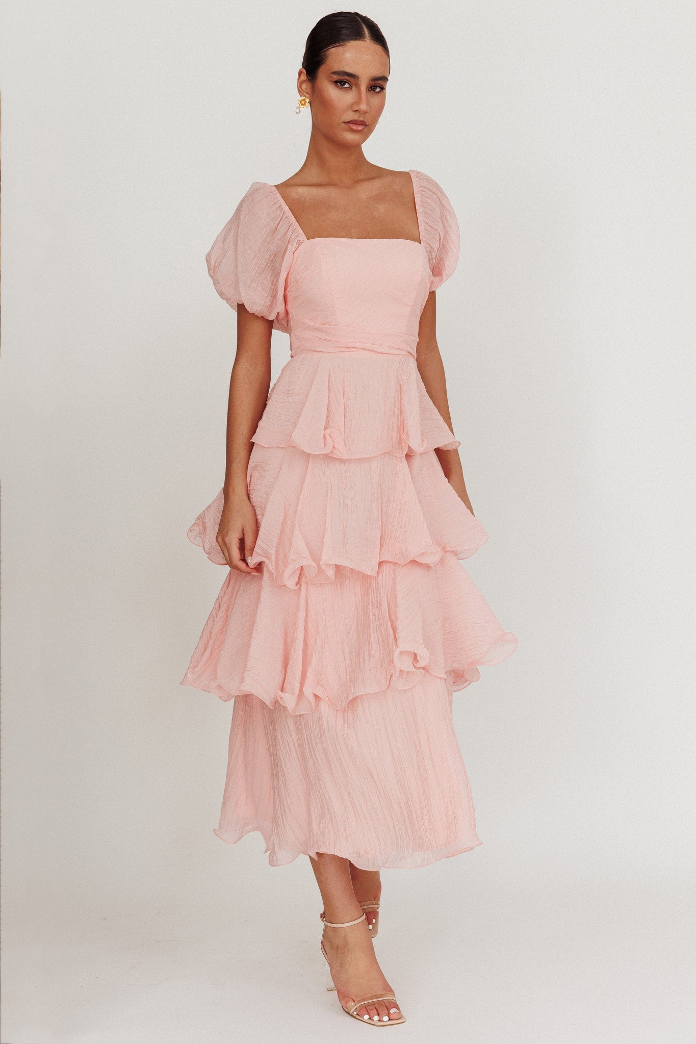 Giavana Puff Sleeve Layered Maxi Dress Baby Pink