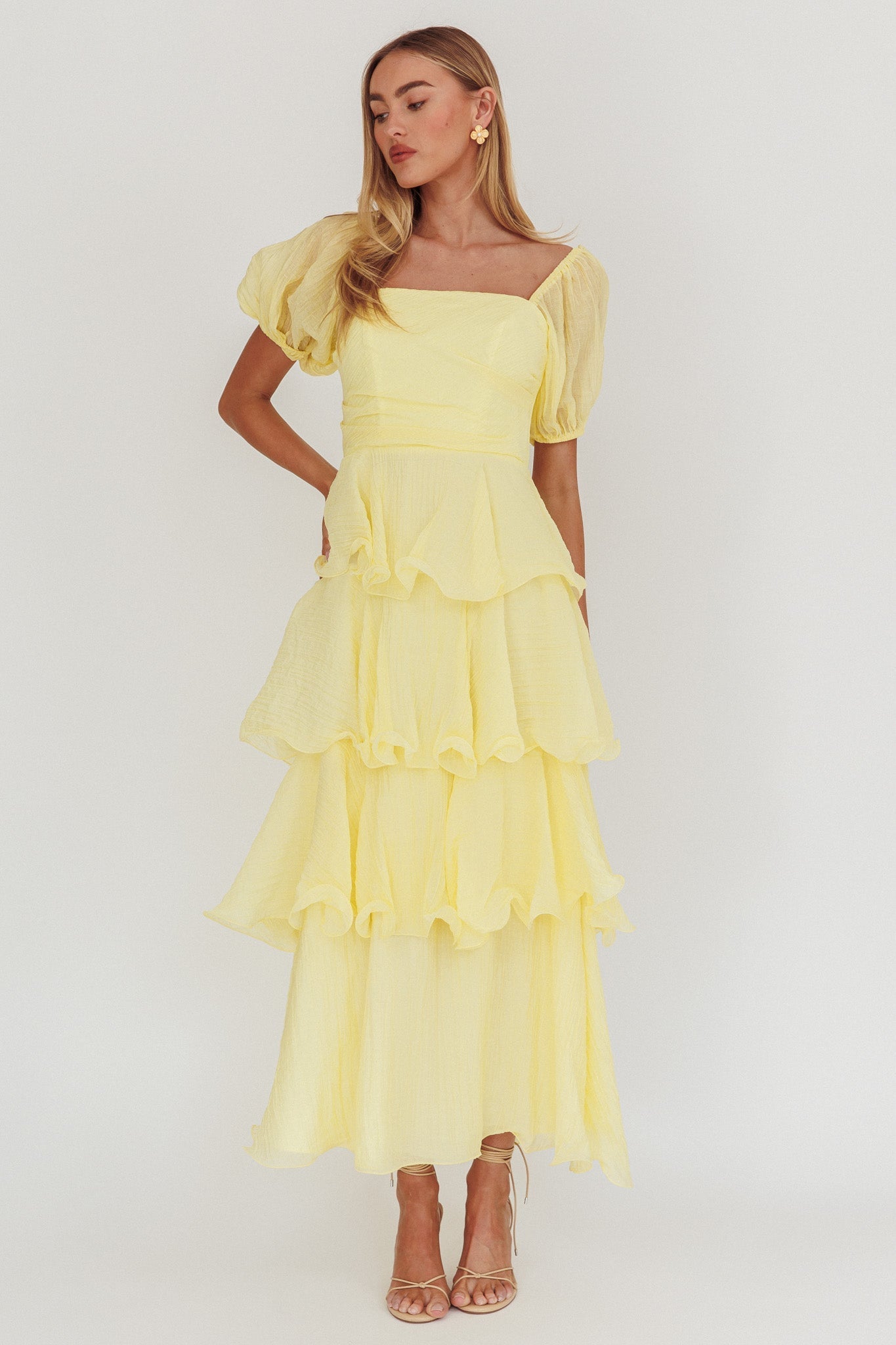 Giavana Puff Sleeve Layered Maxi Dress Lemon